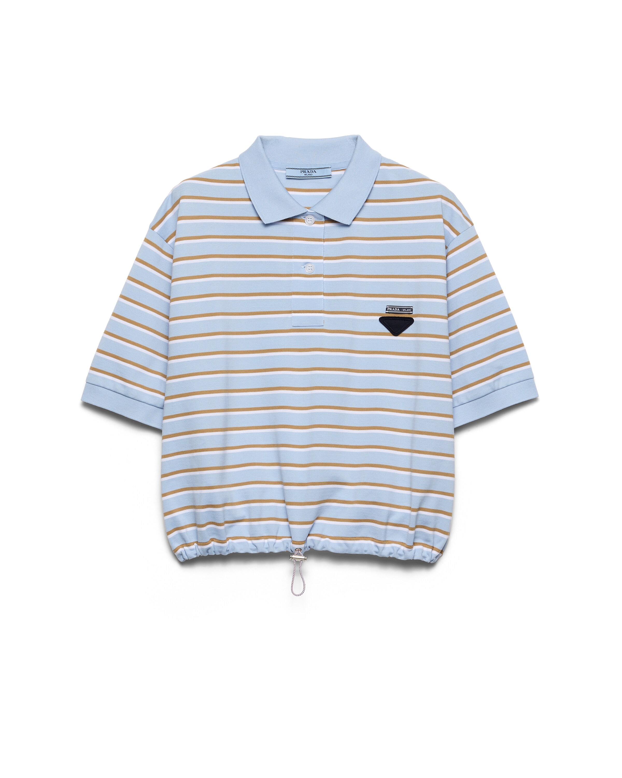 Prada Polo Crop In Piquet A Righe, Donna, Celeste/cammello, Taglia 44