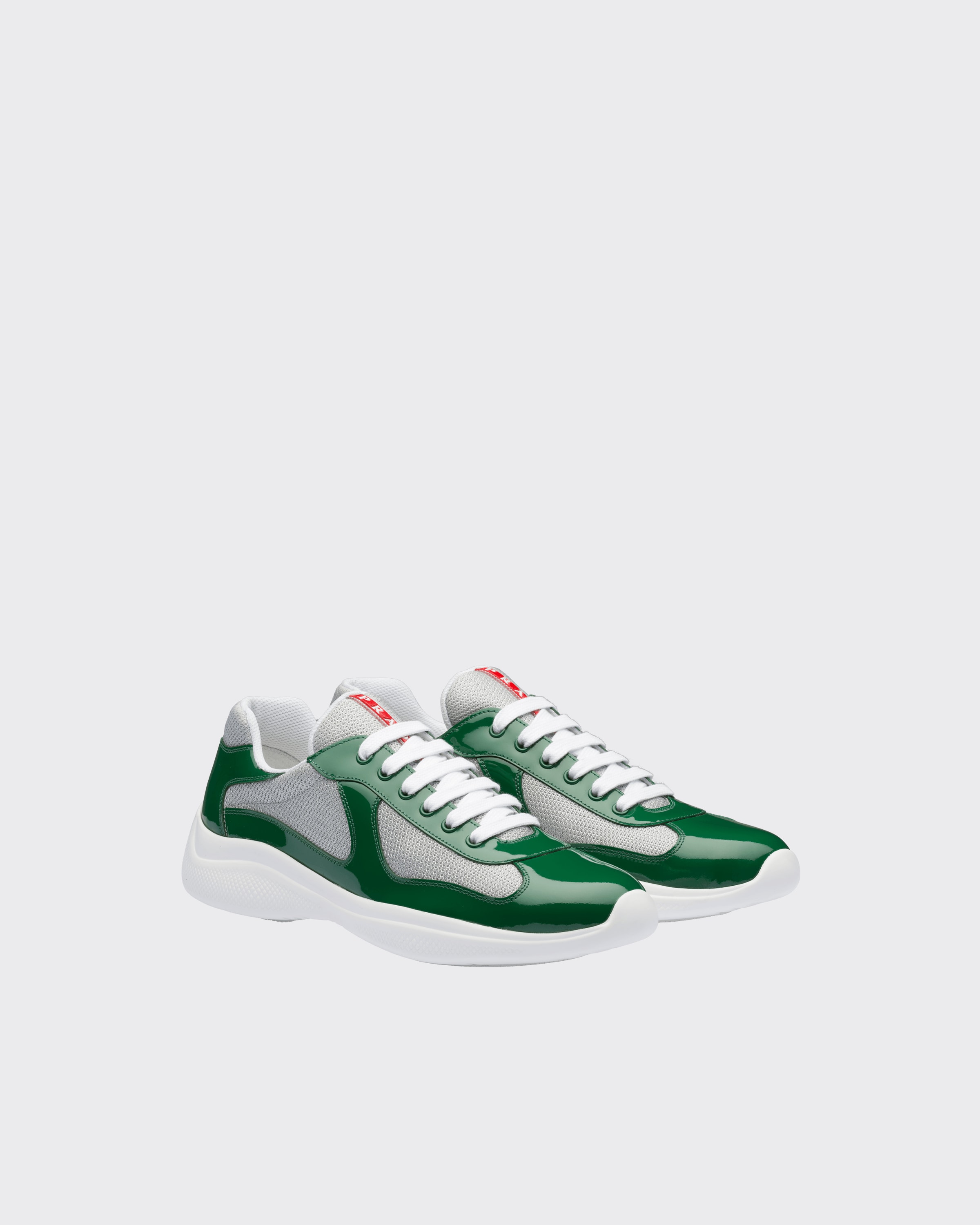 Shop Prada Patent Leather And Technical Fabric  America's Cup Sneakers In Green / Silver