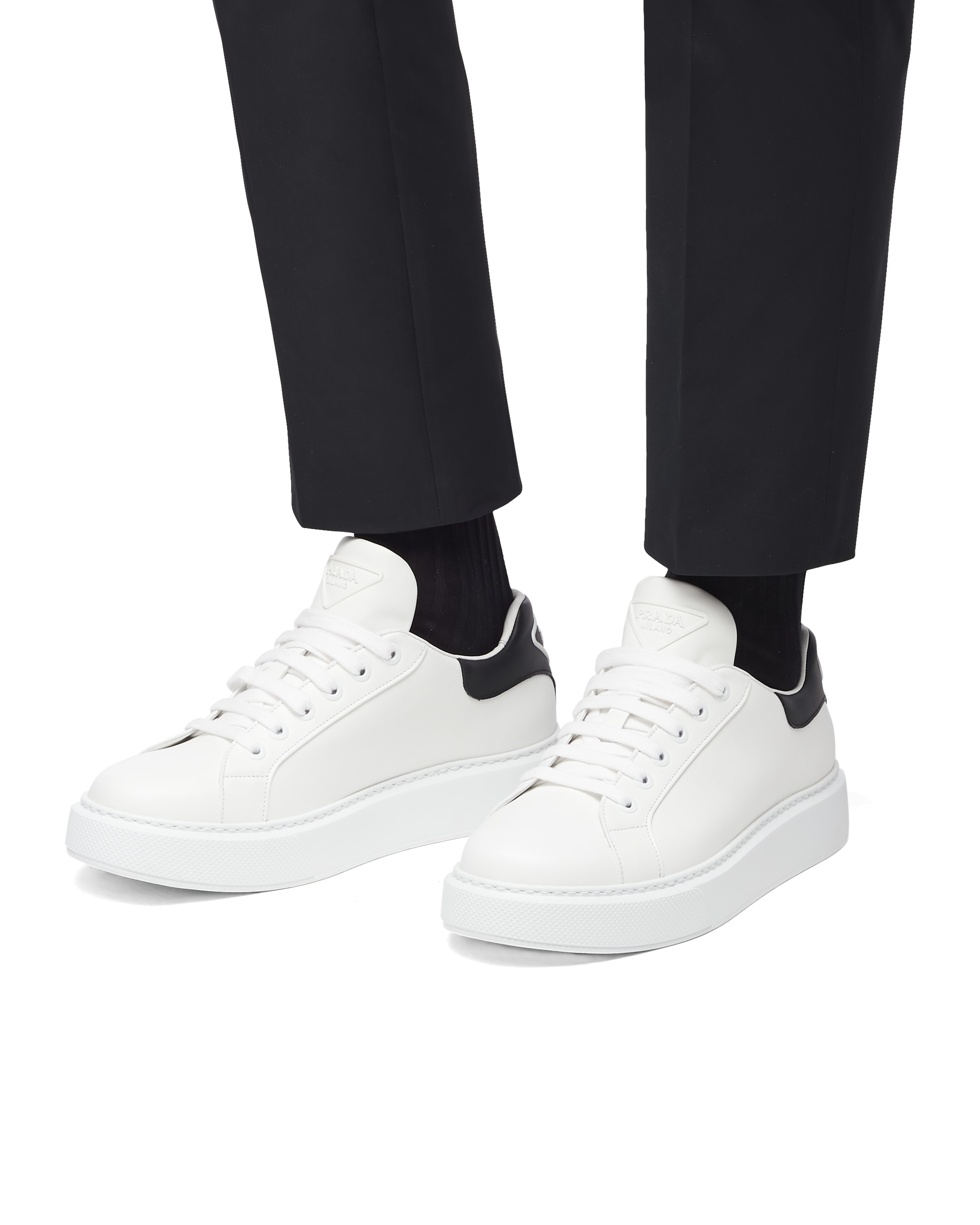 White/black Prada Macro leather sneakers | Prada