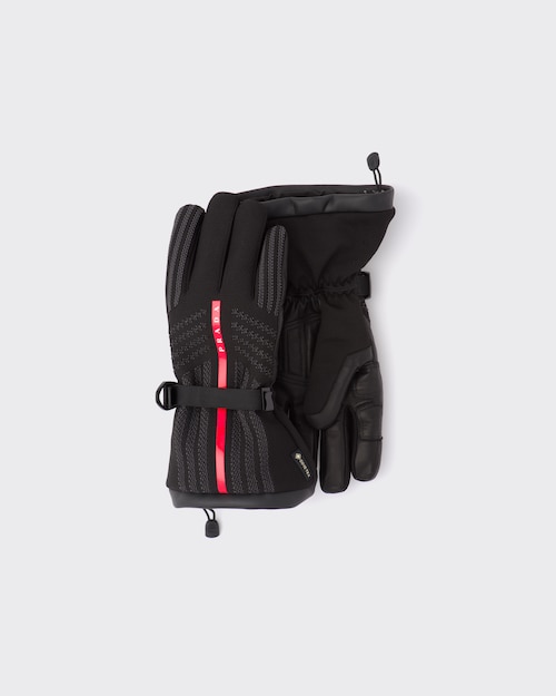 Black GORETEX, leather and knit ski gloves Prada