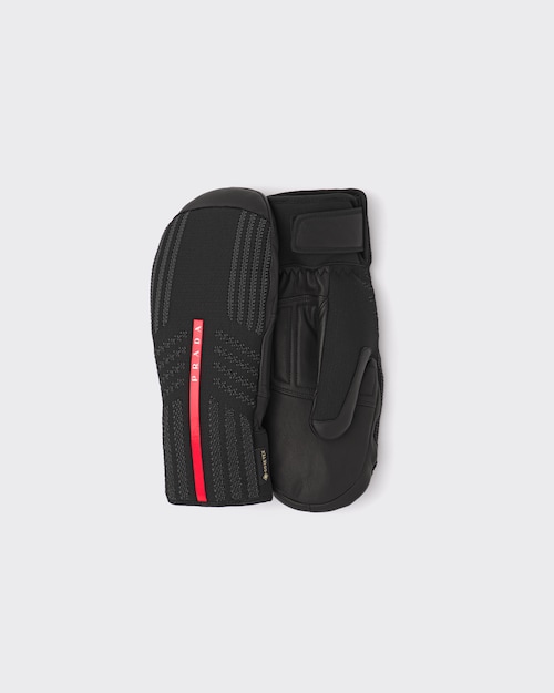 Black GORETEX, leather and knit ski mittens Prada