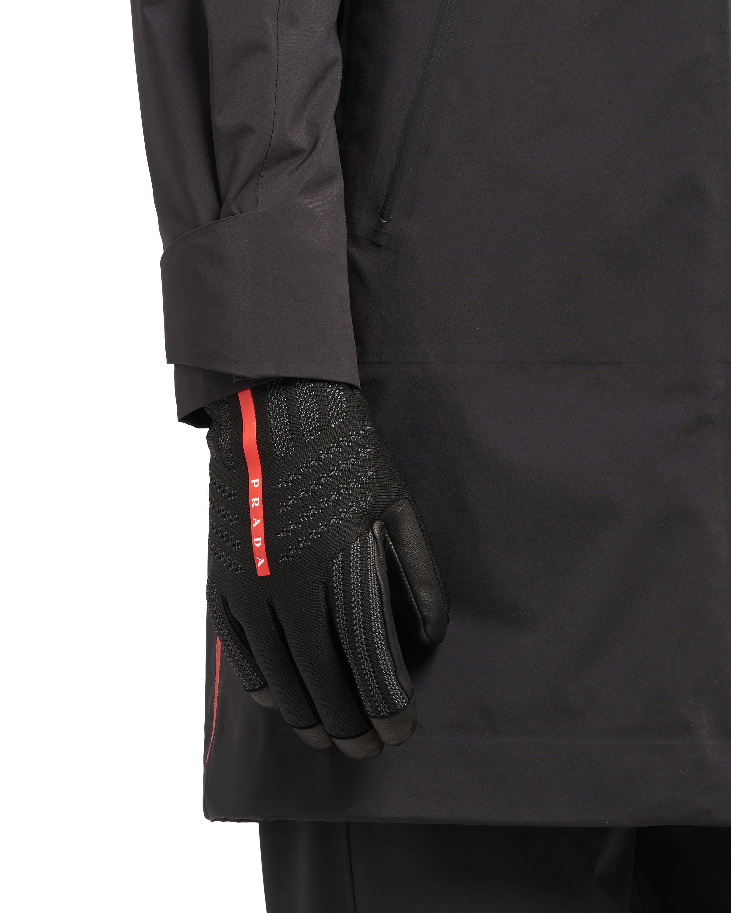 Black GORETEX, leather and knit ski gloves Prada