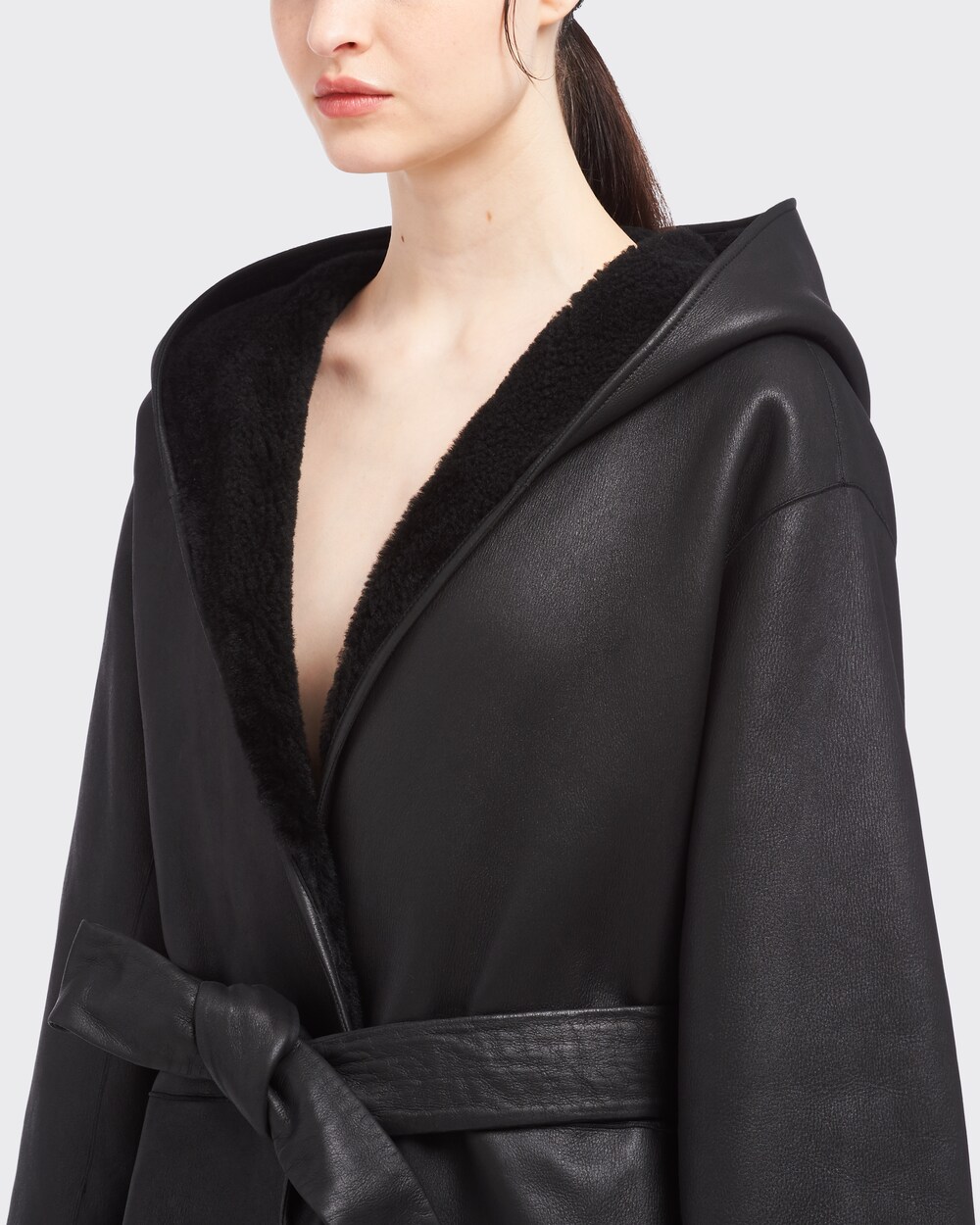 Black Reversible Hooded Shearling Coat Prada