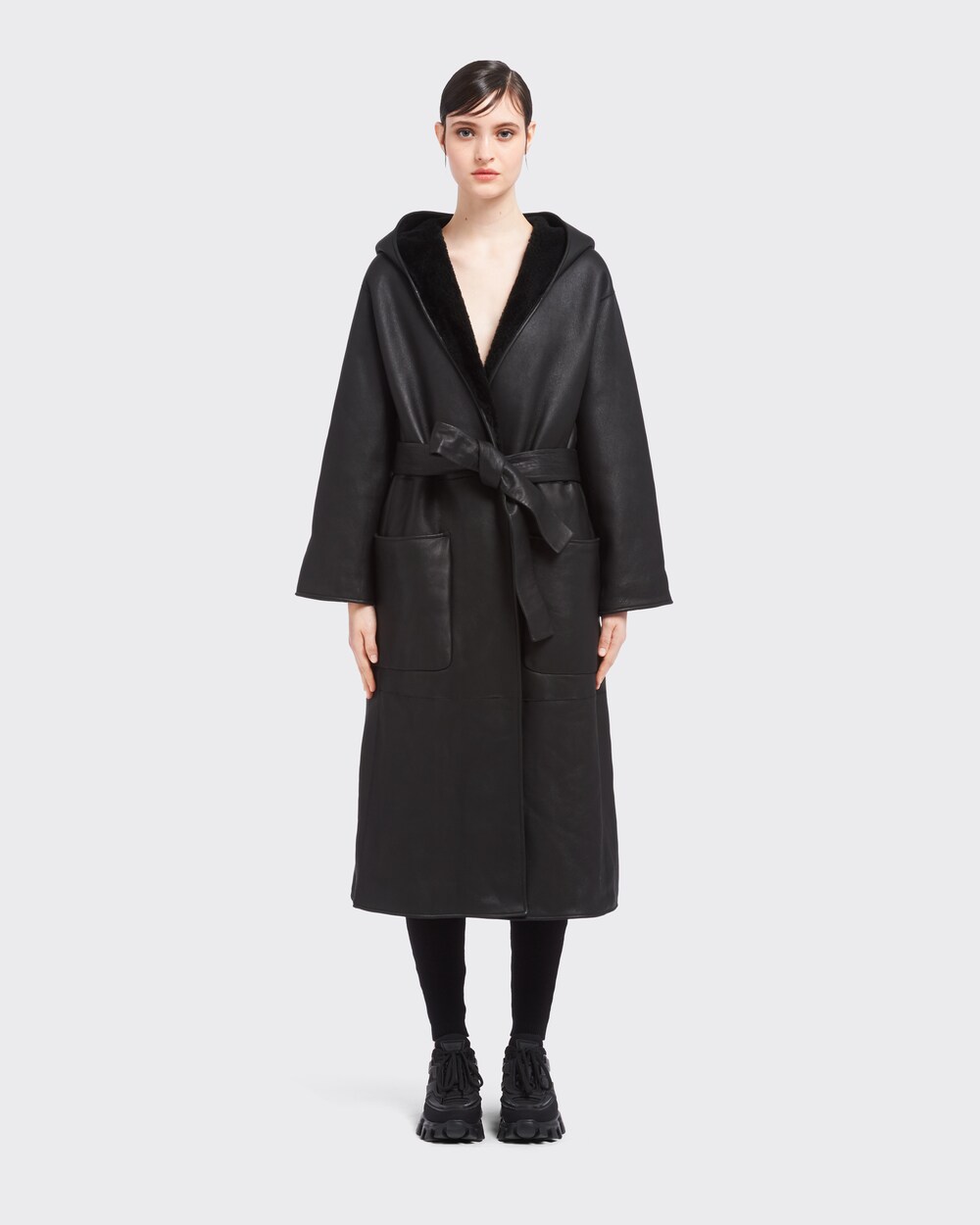 Black Reversible Hooded Shearling Coat Prada