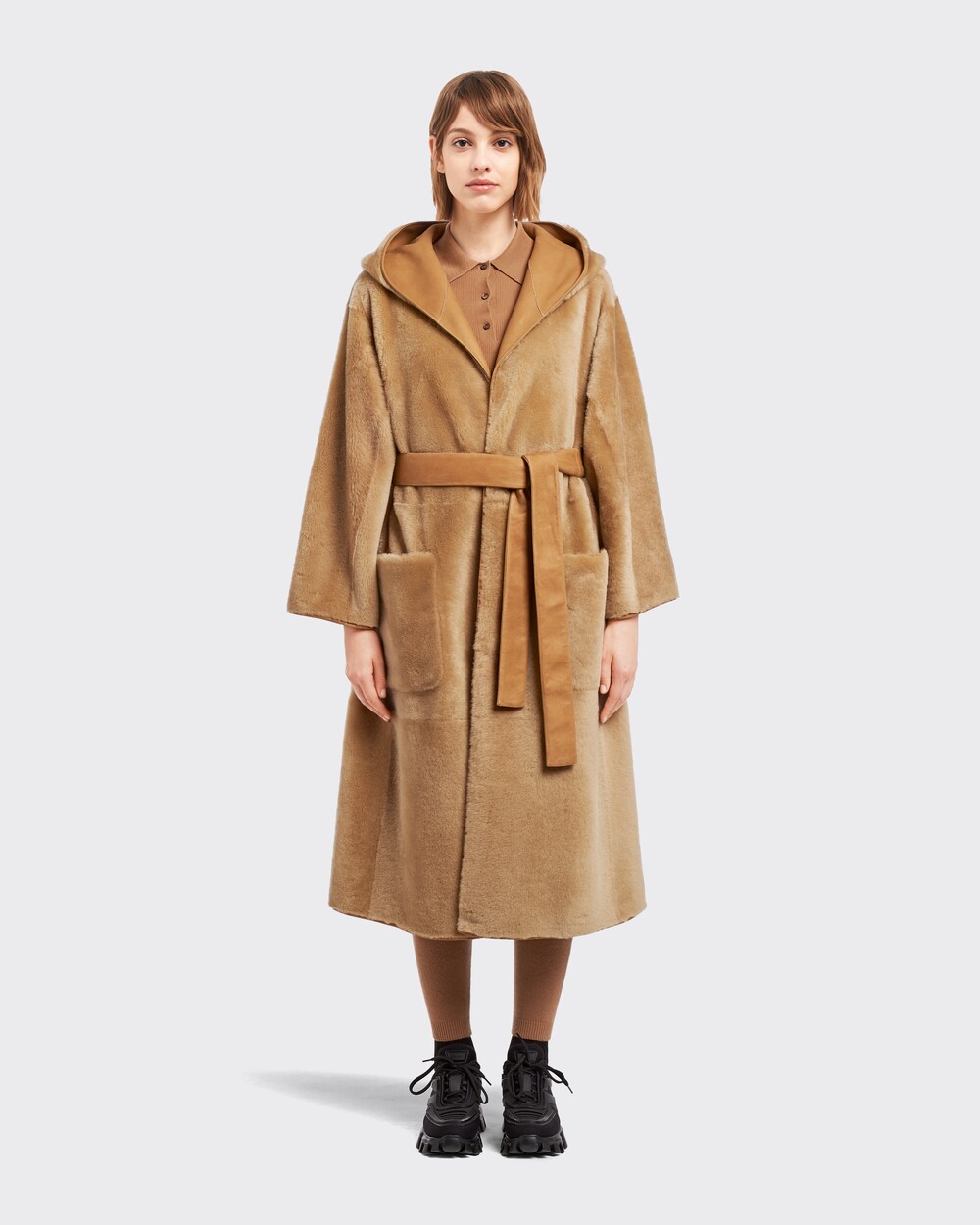Camel Brown Reversible Hooded Shearling Coat Prada