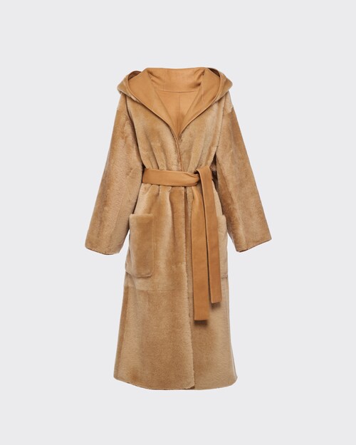 Camel Brown Reversible Hooded Shearling Coat Prada