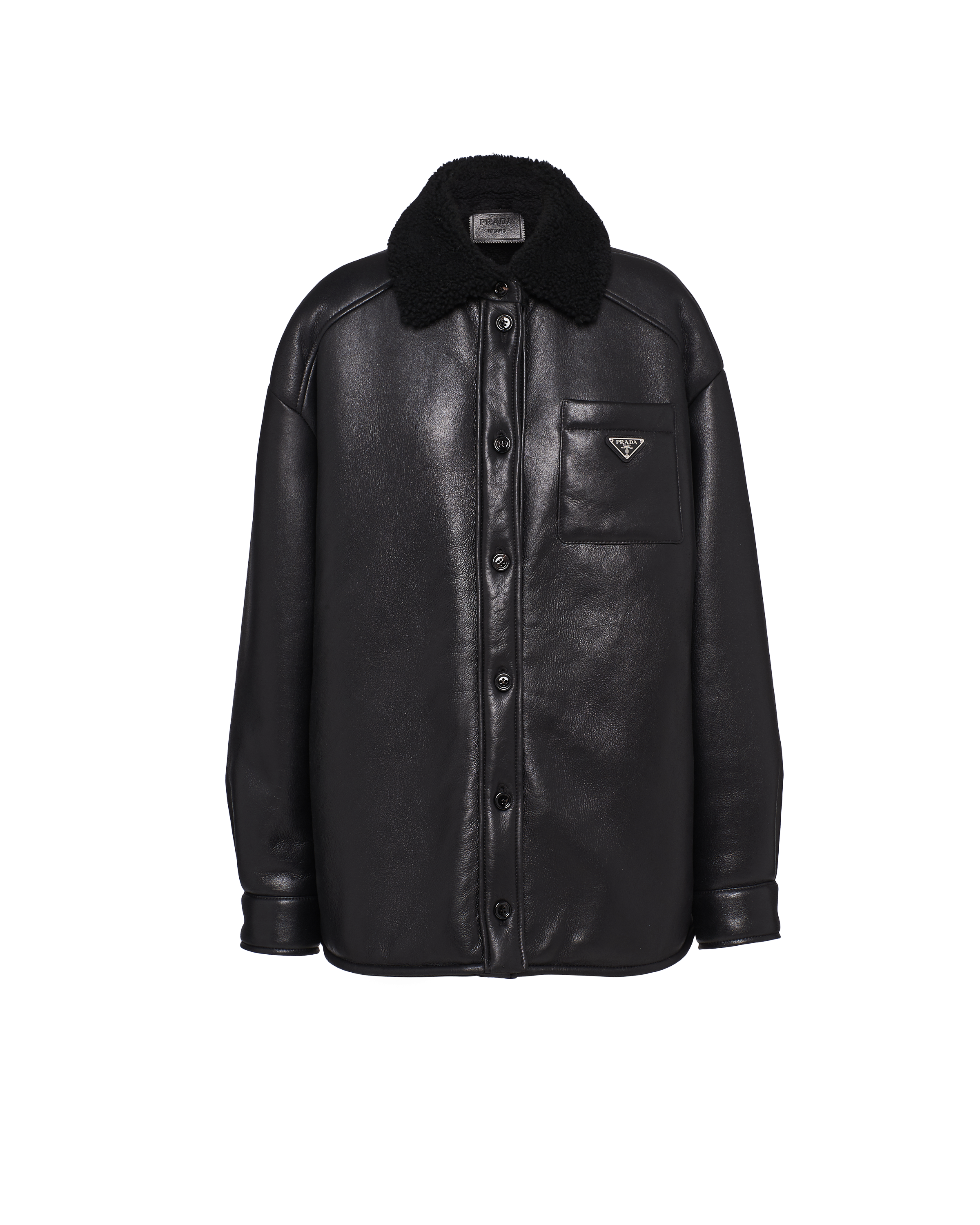 Prada Shearling Collar Button-up Jacket In Black
