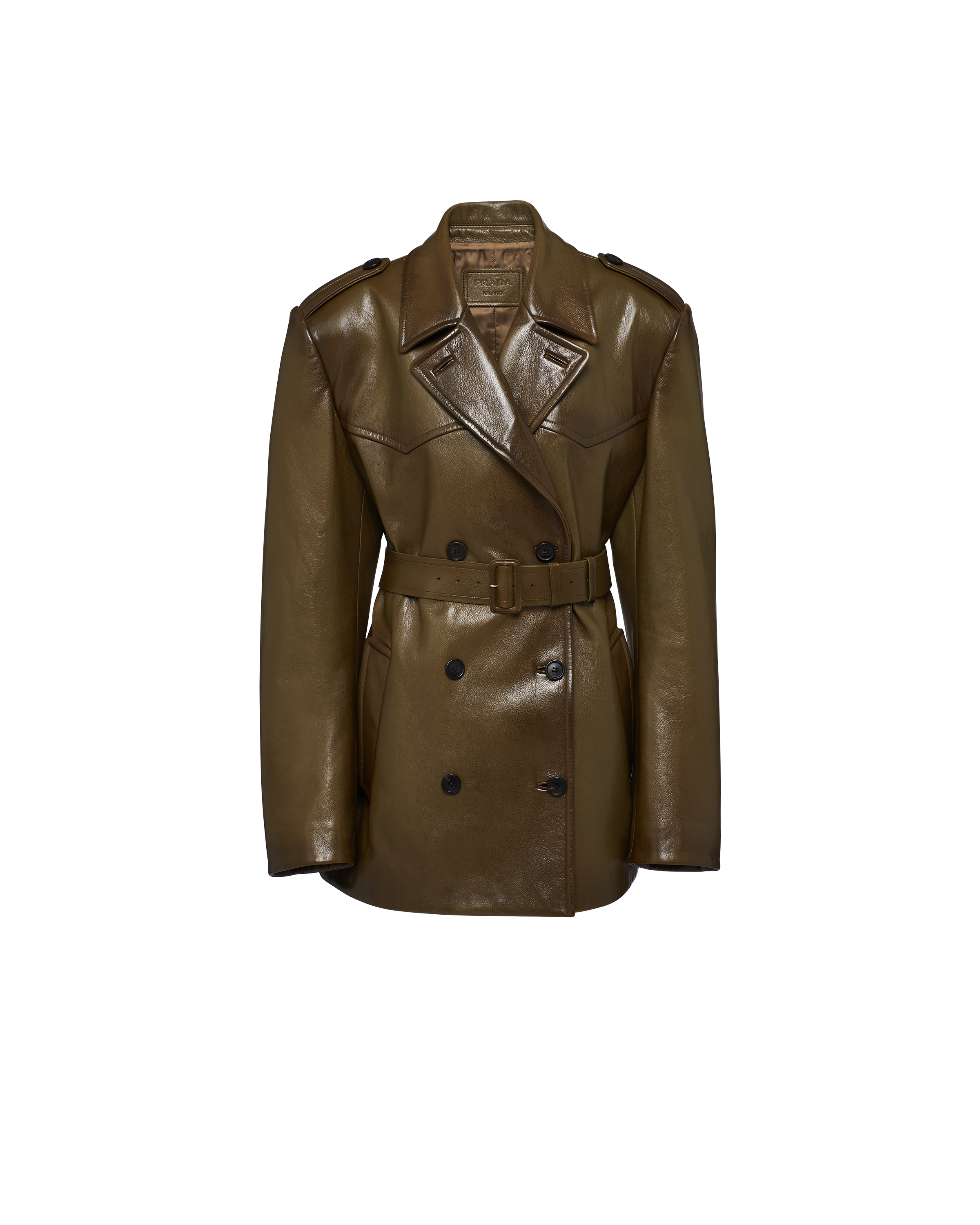 Shop Prada Double-breasted Leather Coat In Olive Green