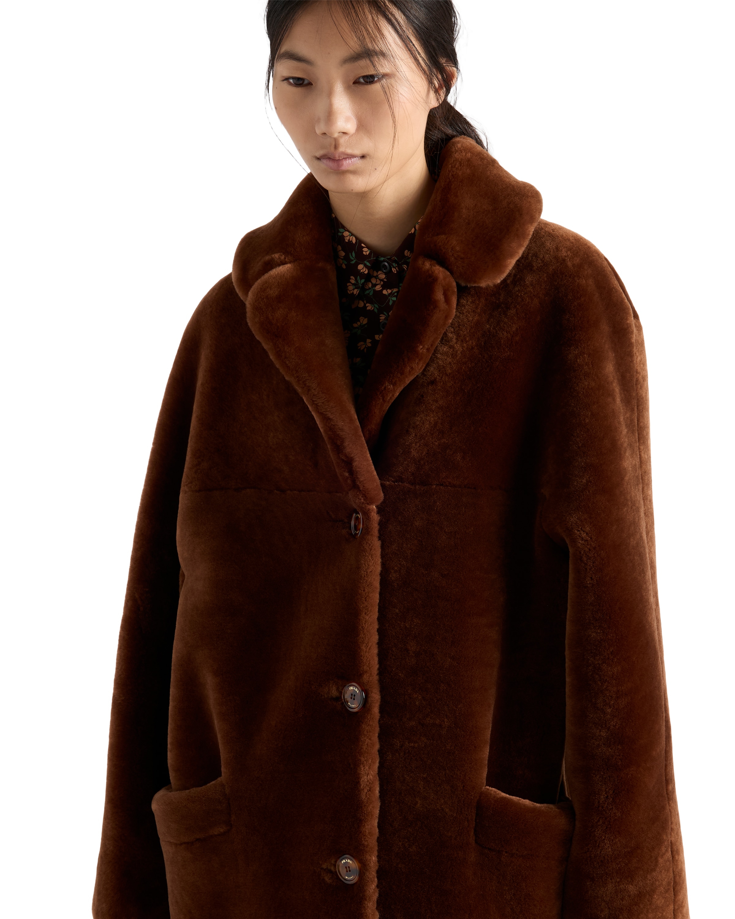 Prada Womens Brown Shearling Midi Coat In Brown