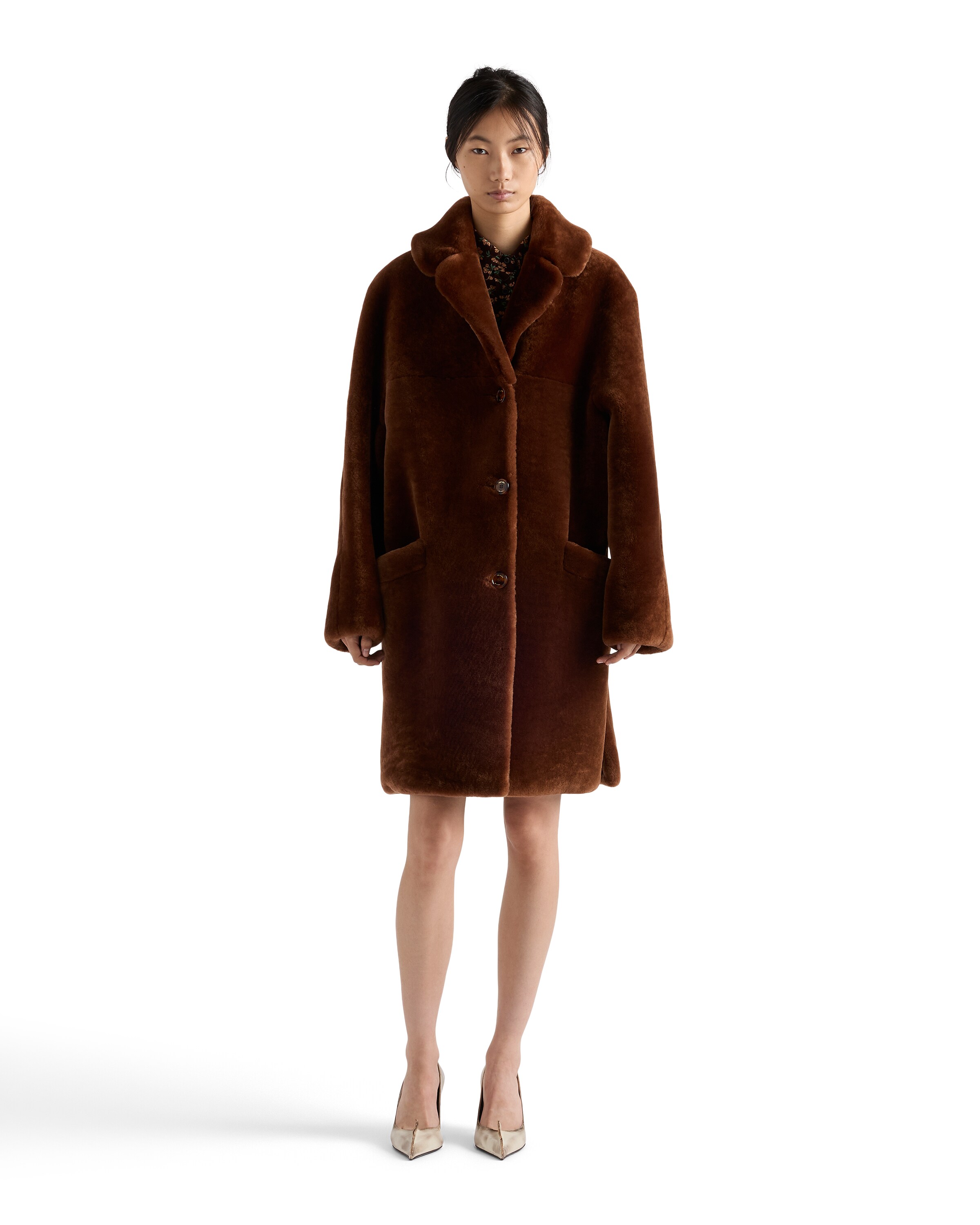 Prada Womens Brown Shearling Midi Coat In Brown