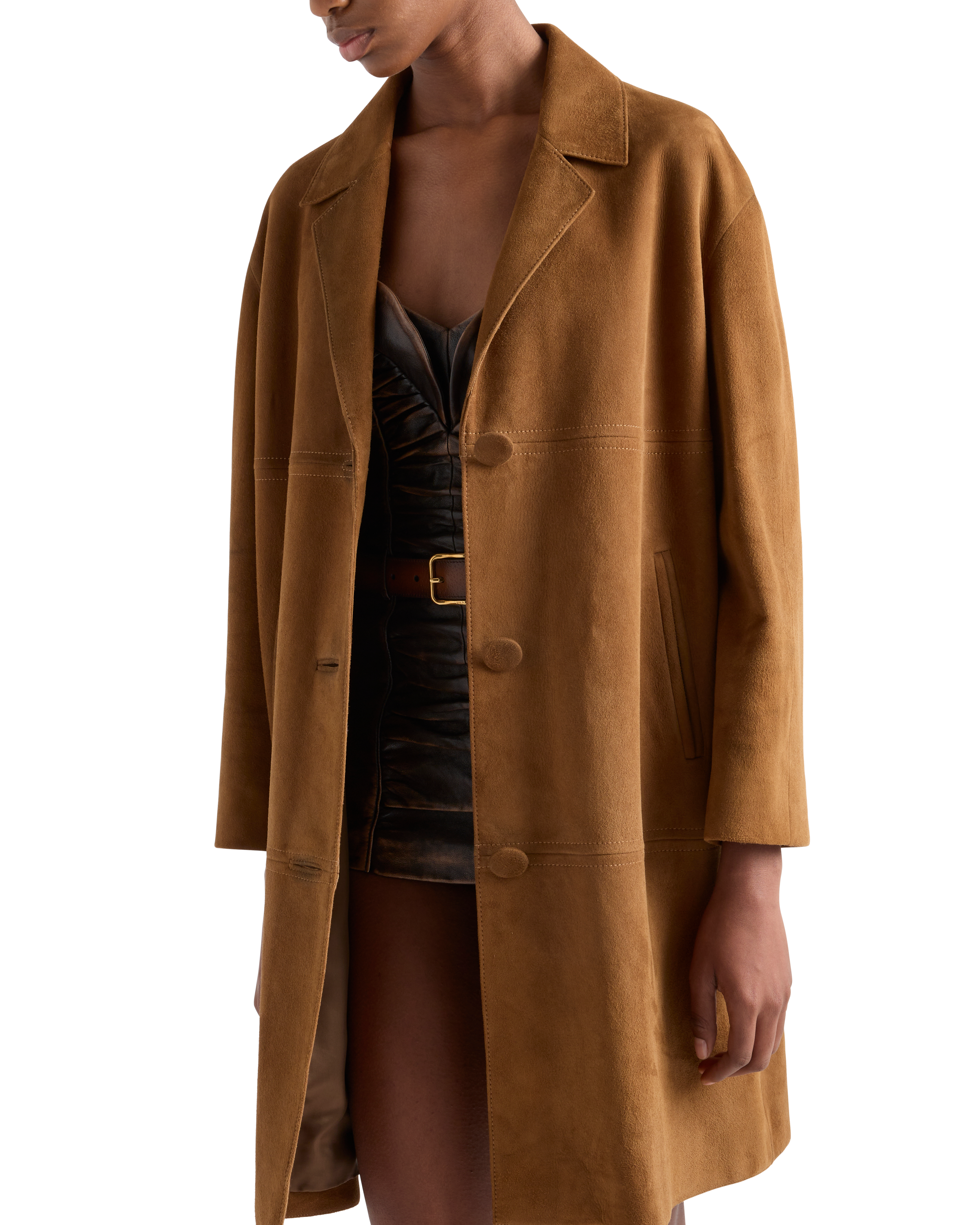 Prada Lapel Long-sleeved Coat In Tobacco