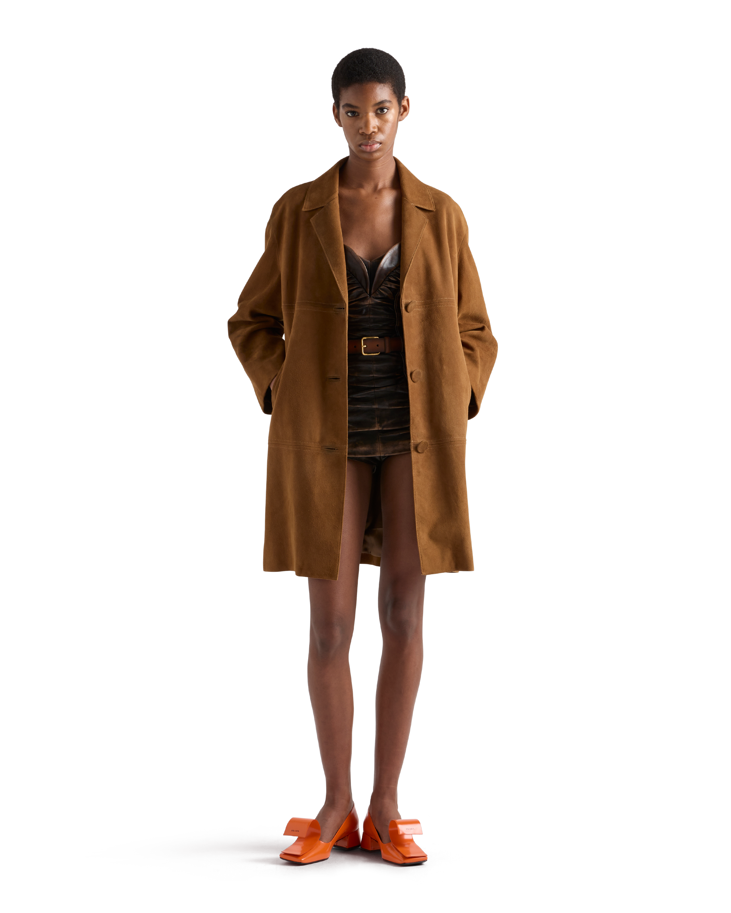 Prada Lapel Long-sleeved Coat In Tobacco