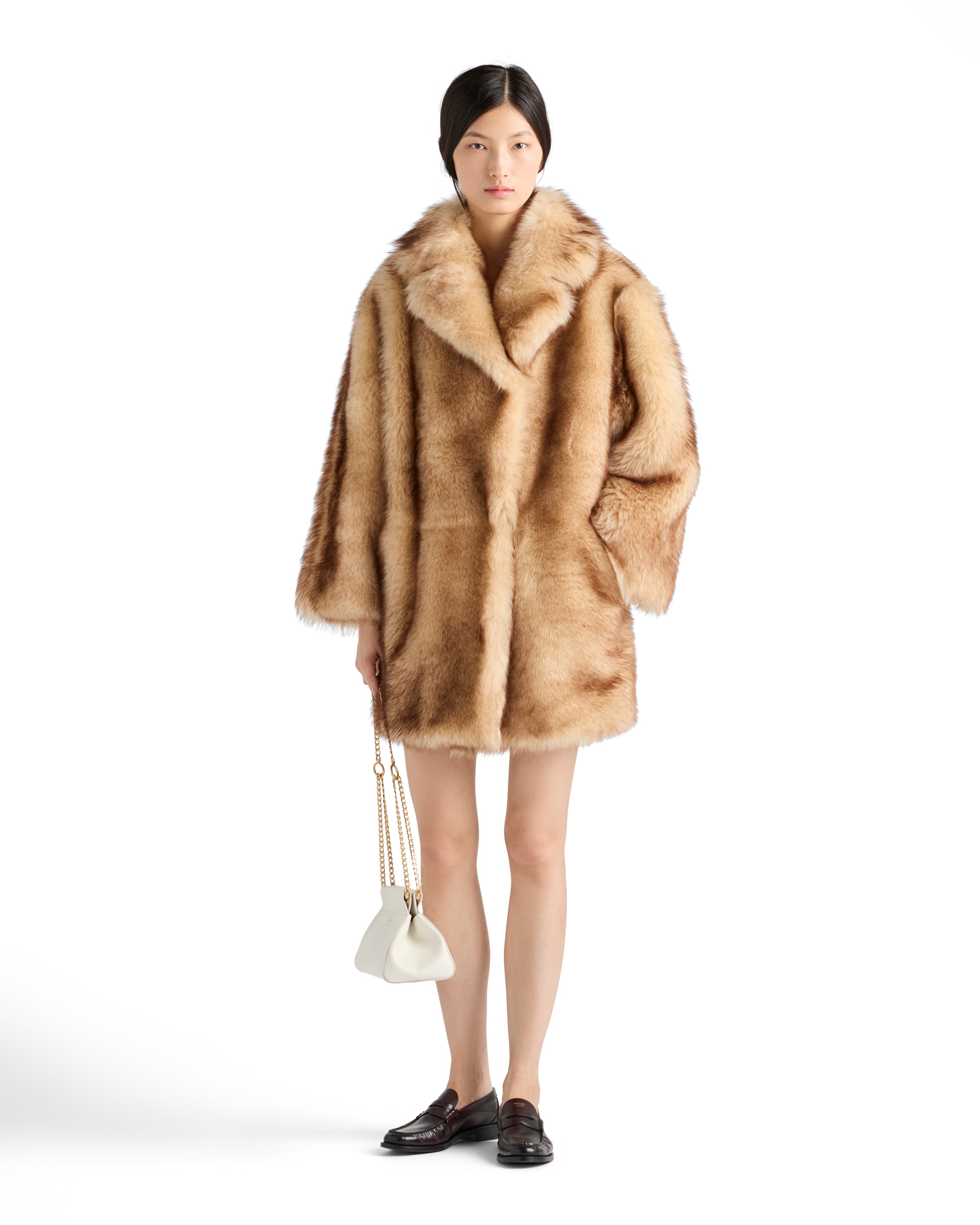 Prada Lamb Shearling Oversized Coat In Brown