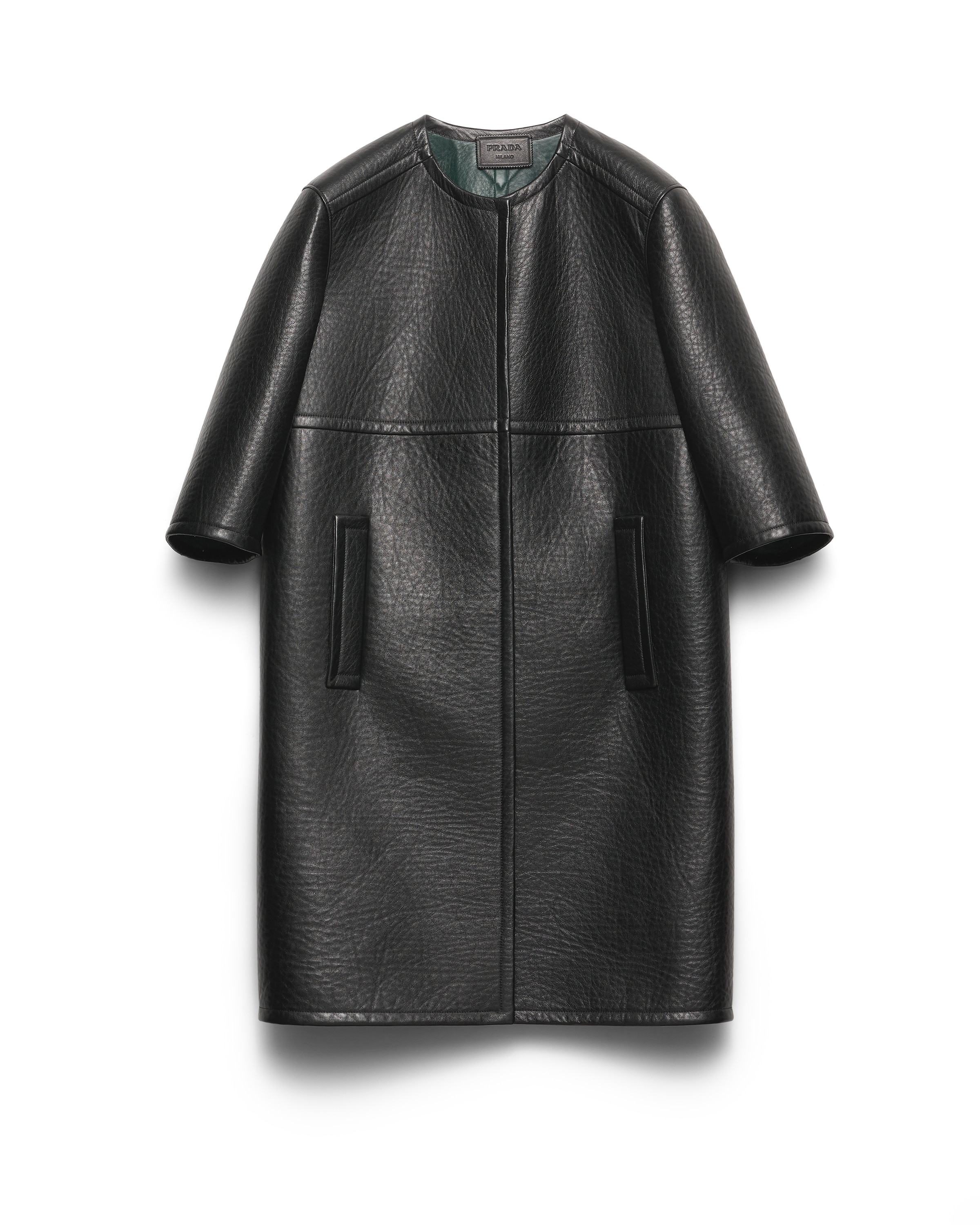 Prada Manteau En Cuir Collé, Femme, Noir/vert Émeraude, Taille 40