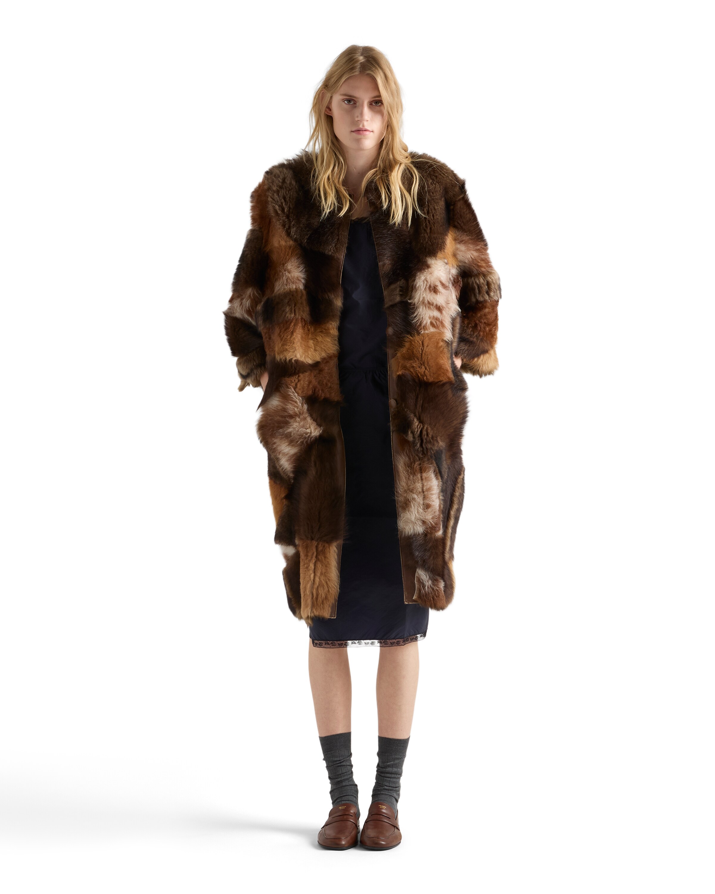 Prada Women's Patchwork Shearling Coat In Multi