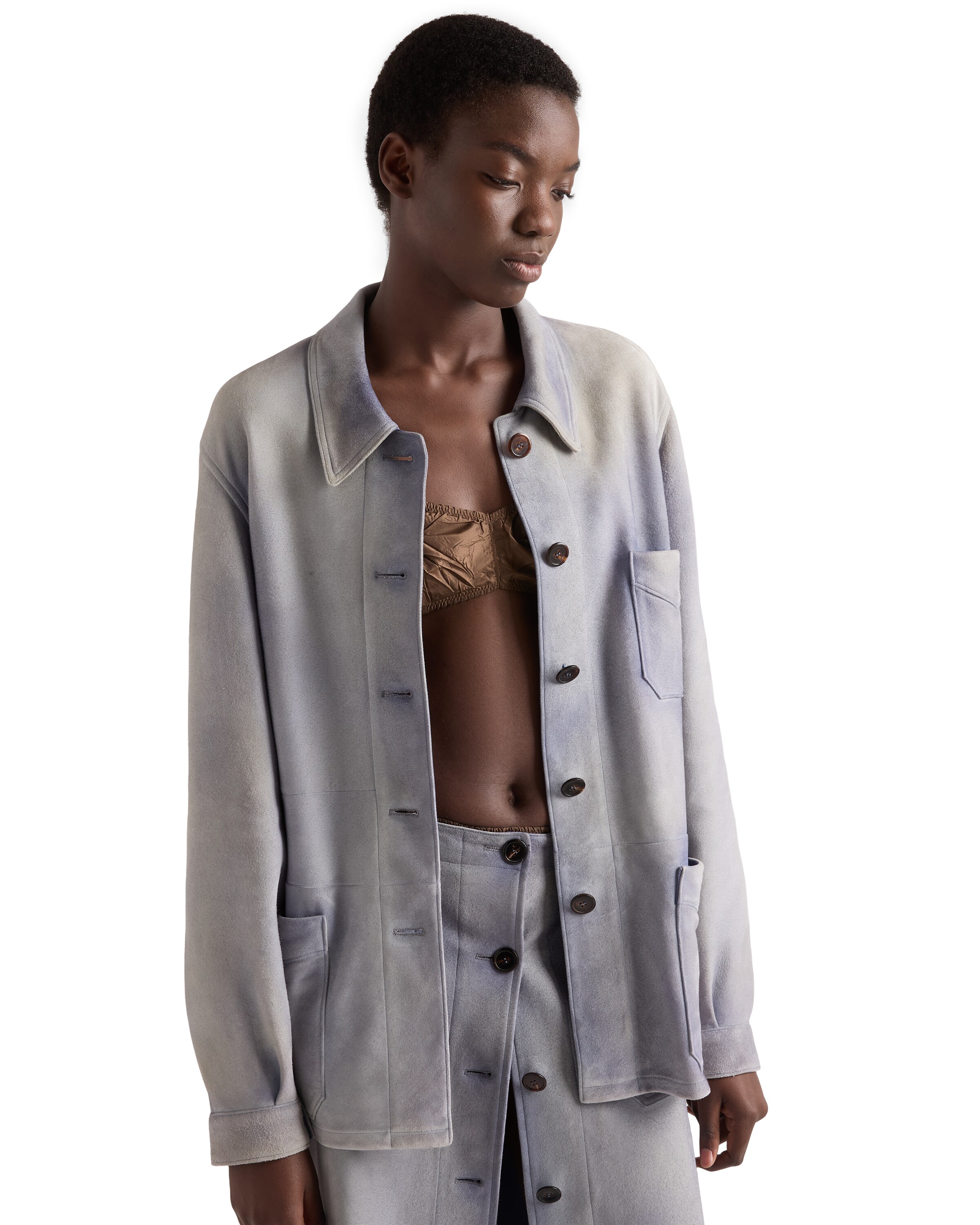 Prada Suede Jacket Long Sleeves Collar Pockets In Multi