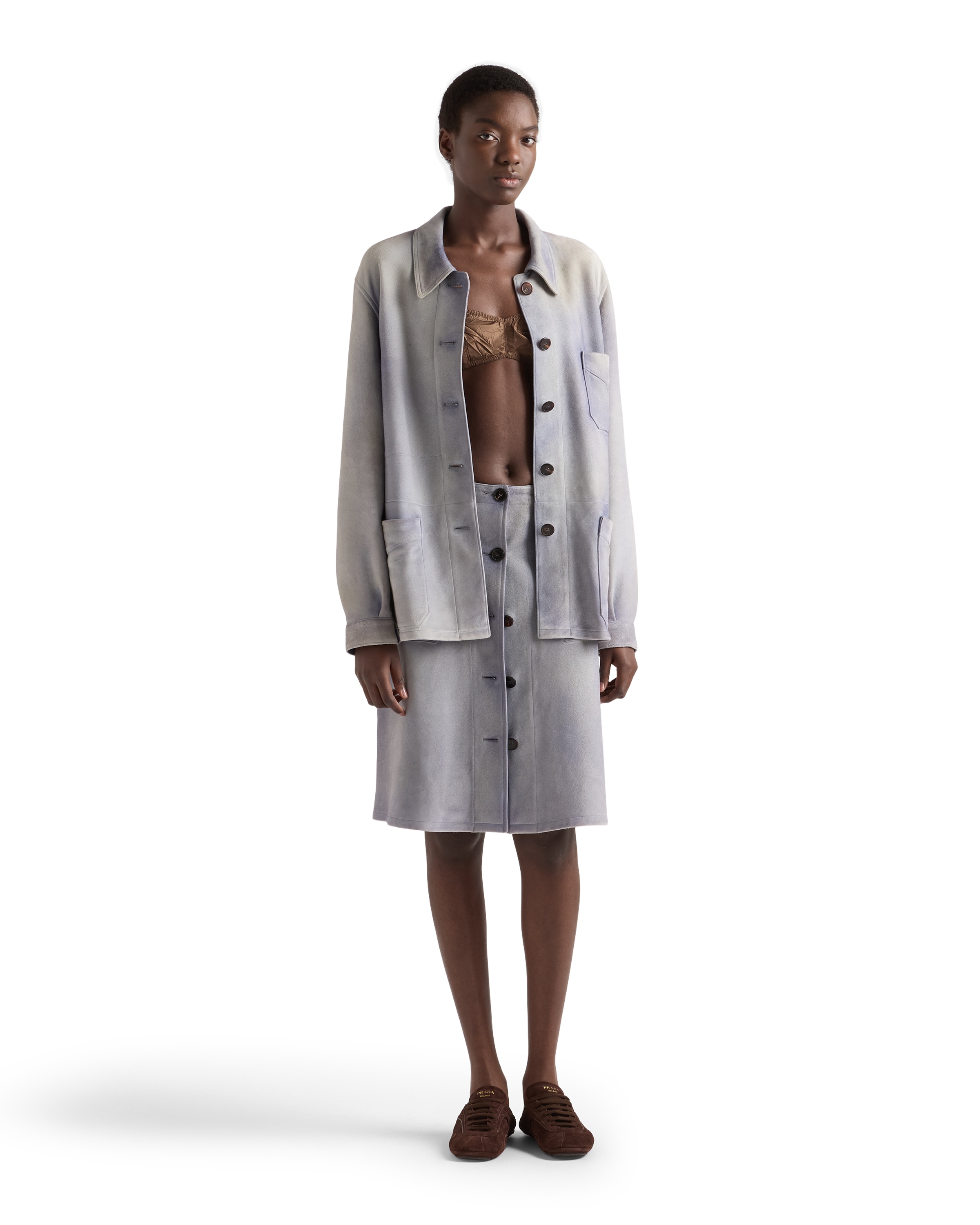 Prada Suede Jacket Long Sleeves Collar Pockets In Multi