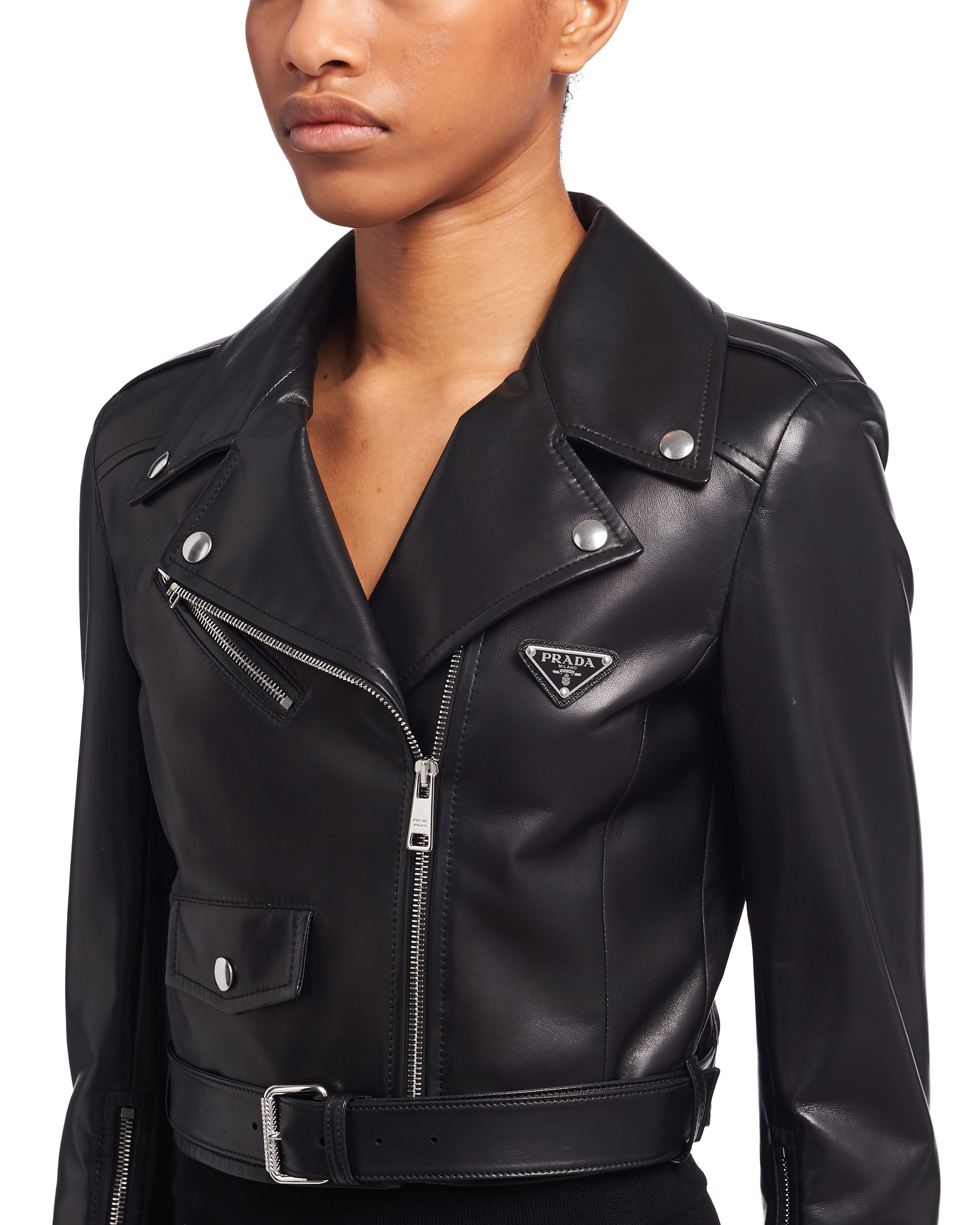 Black Nappa leather biker jacket Prada