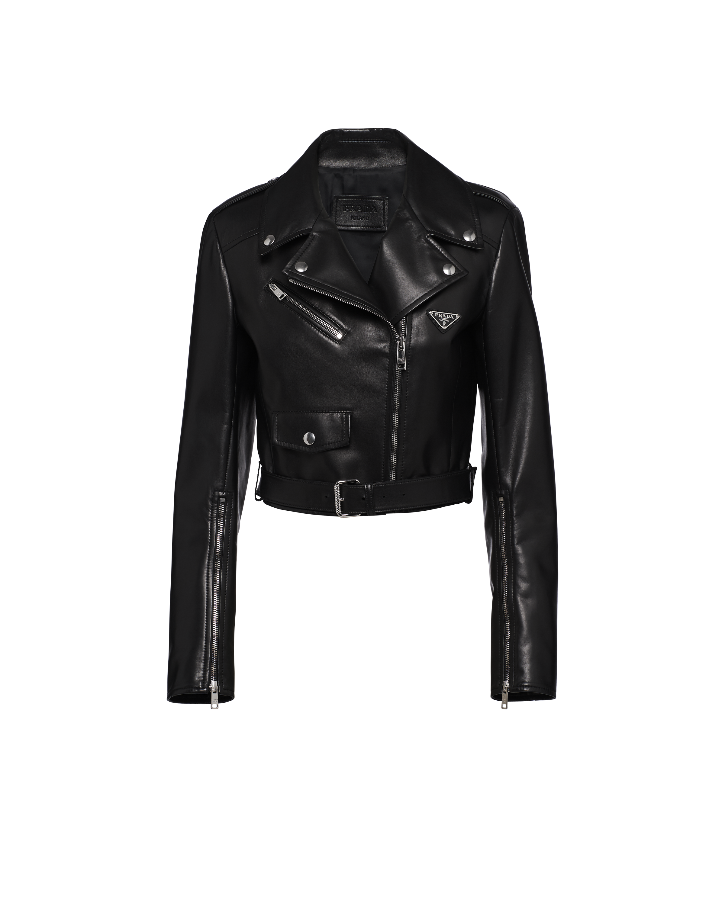 Prada Long-sleeved Zipper Leather Jacket In Black
