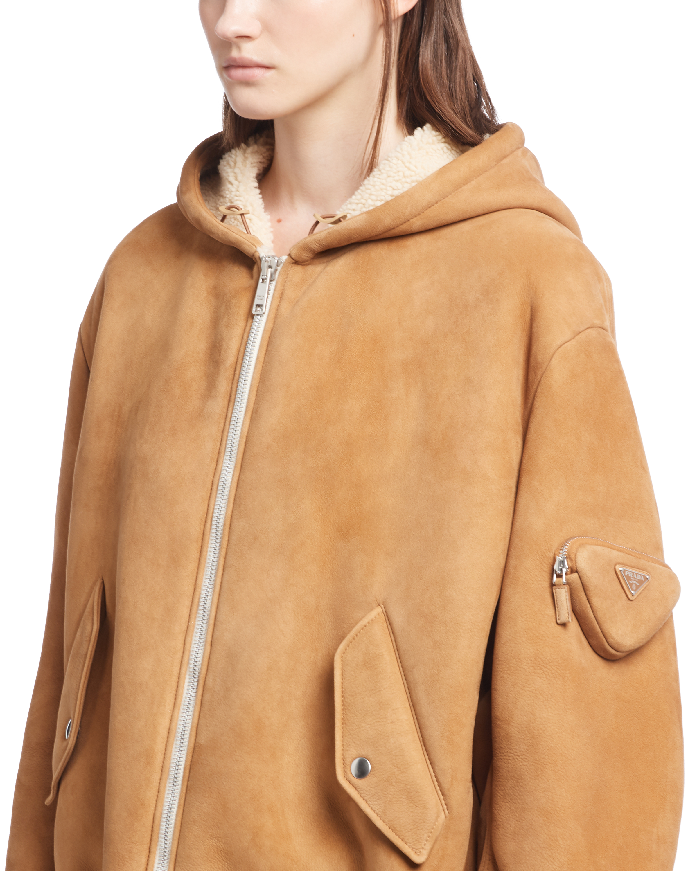 Cognac/natural Suede shearling jacket | Prada