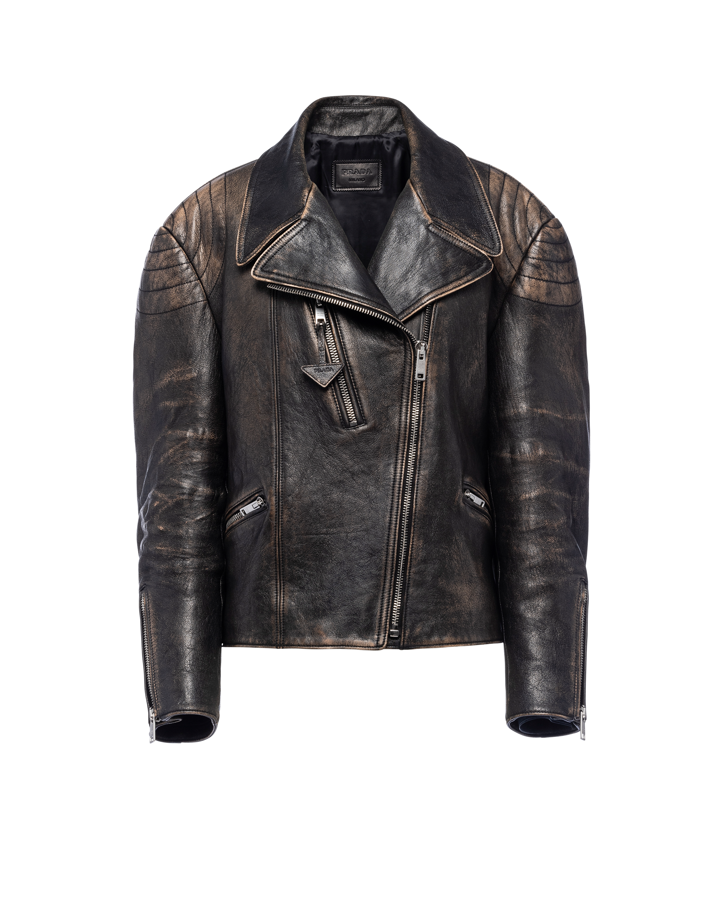 プラダ ヴィンテージエフェクトレザージャケット ブラック Prada Black Vintage-effect Leather Biker Jacket | ModeSens