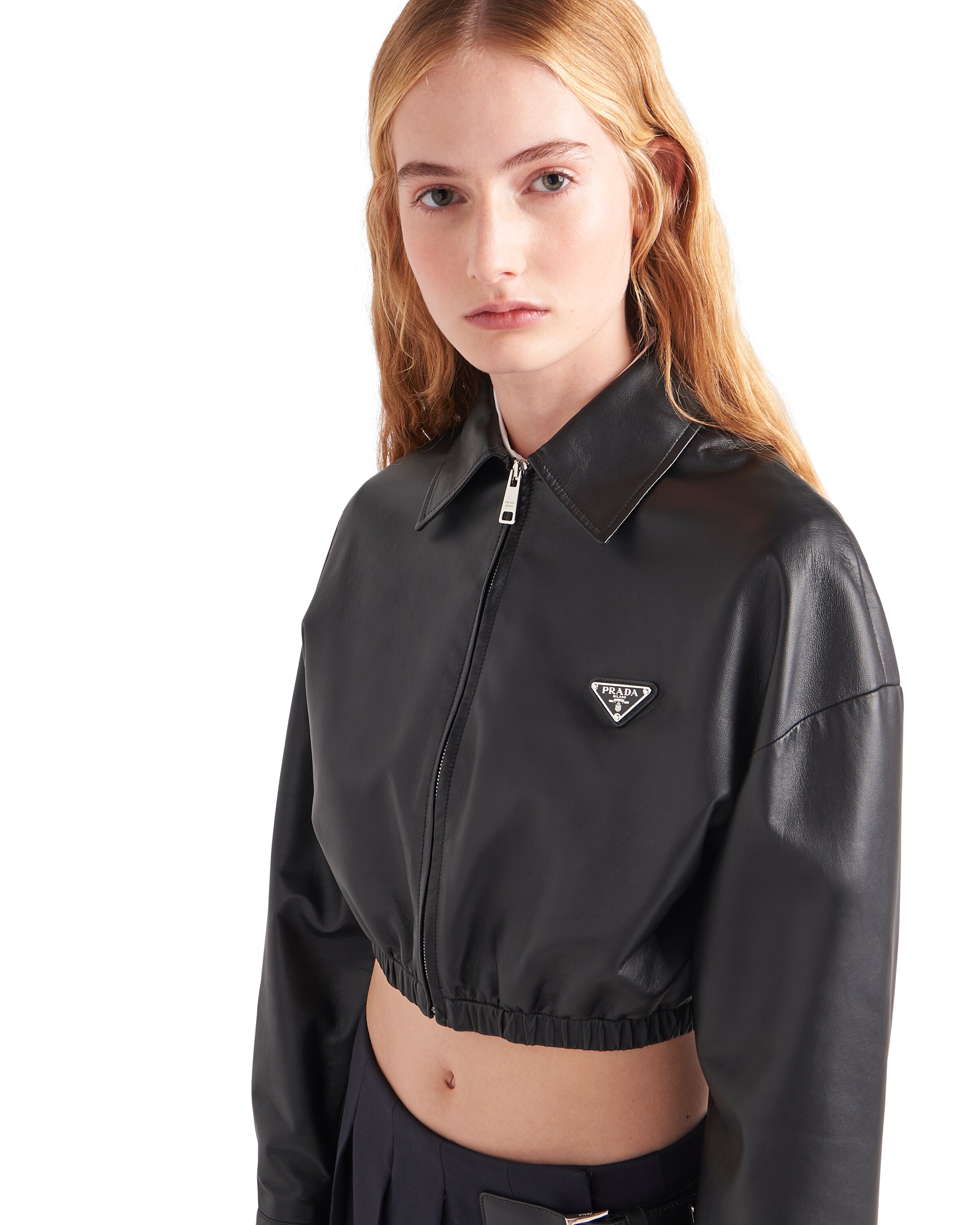 Prada Cropped Leather Jacket In Black