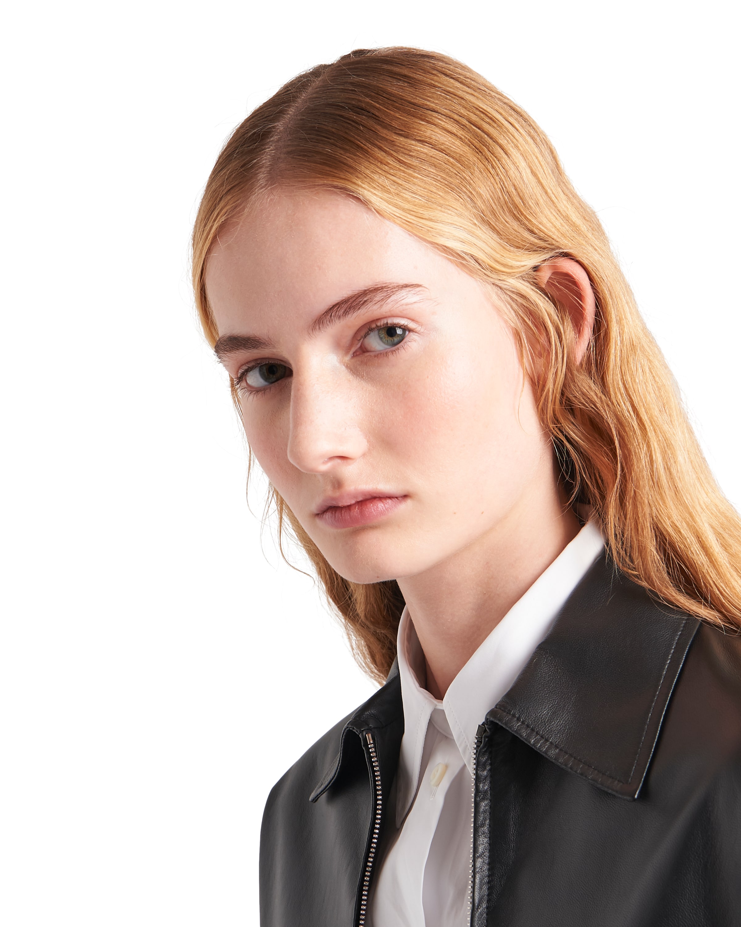 Prada Cropped Leather Jacket In Black