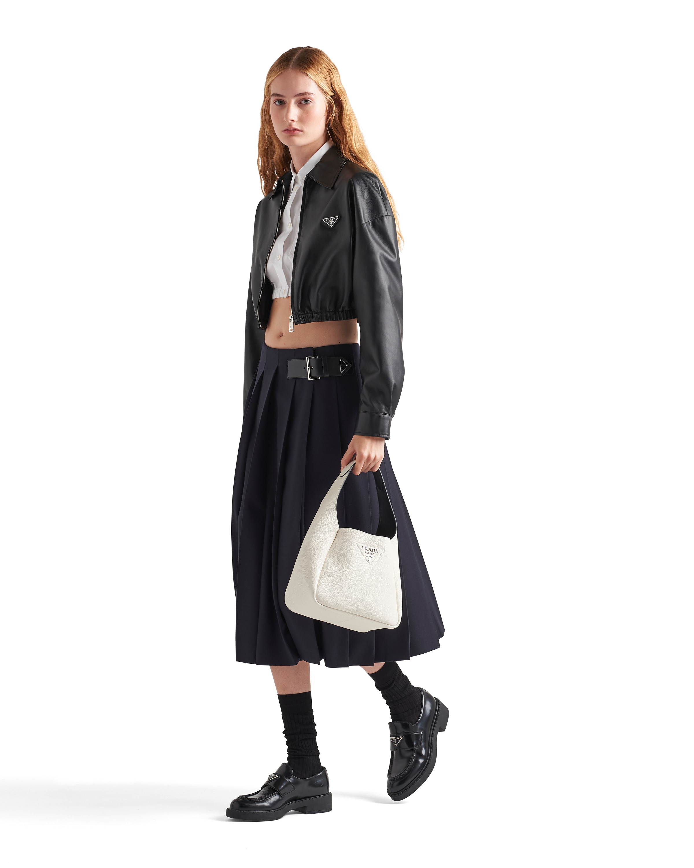 Prada Cropped Leather Jacket In Black