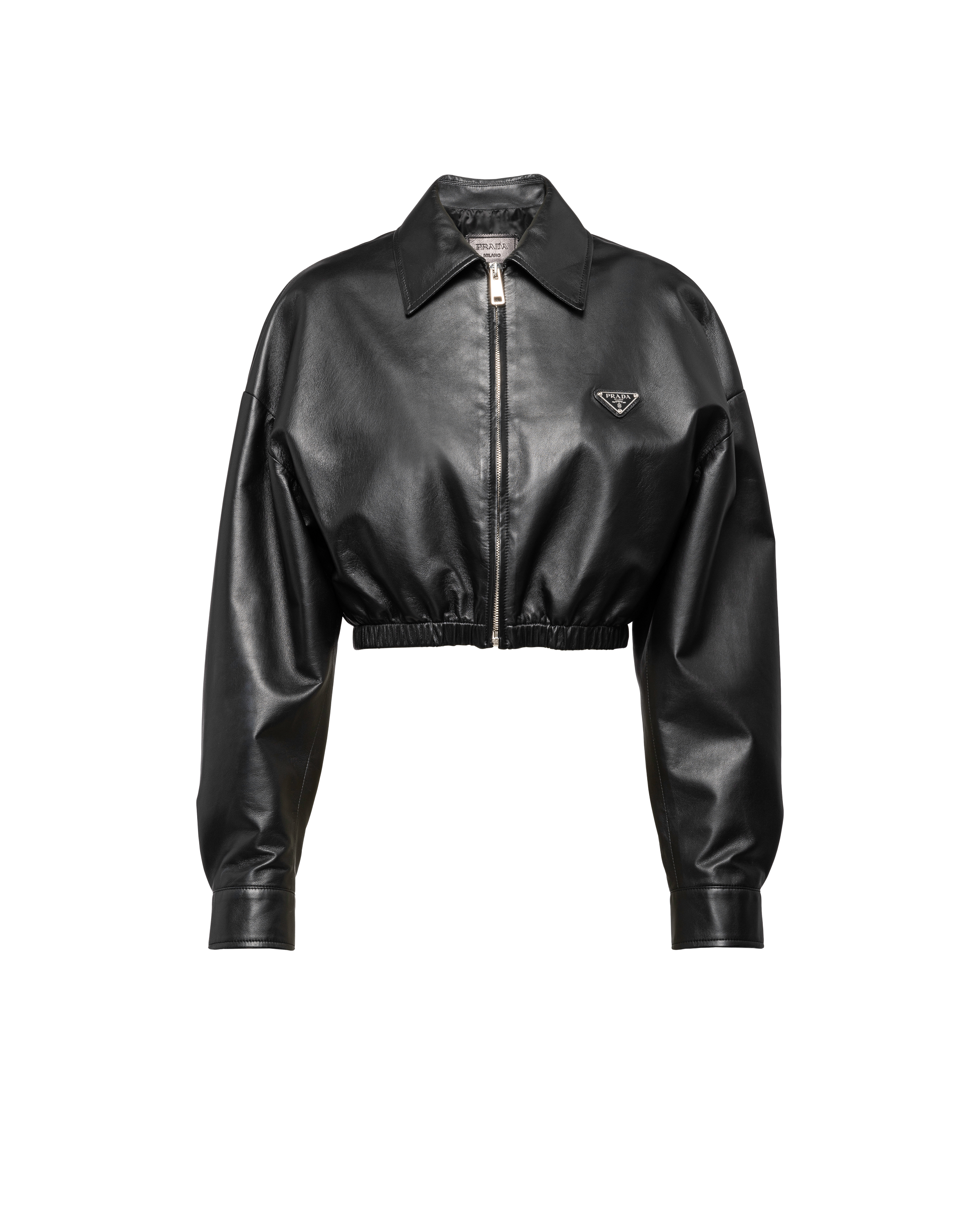 Prada Cropped Leather Jacket In Black