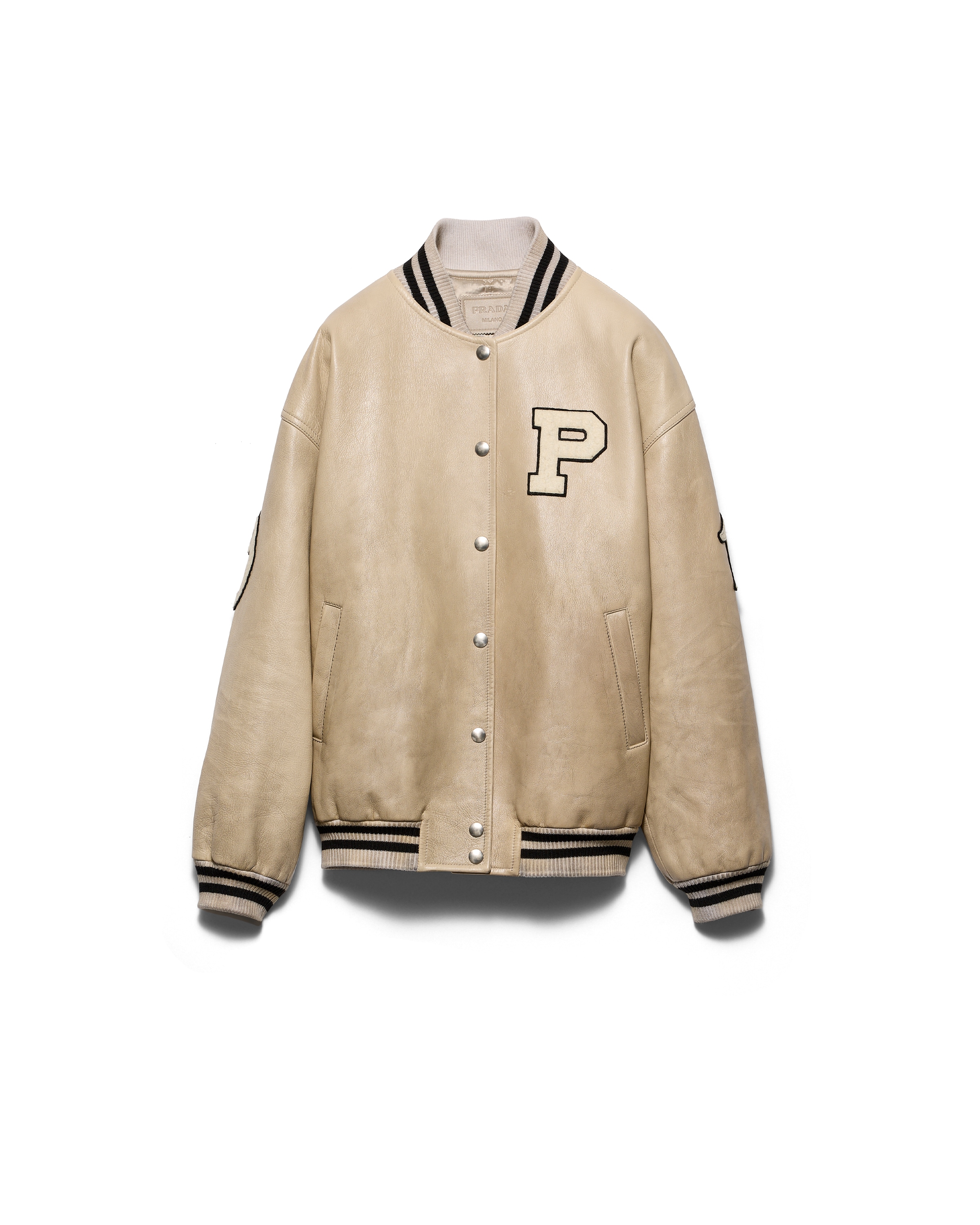 Prada Bomber In Pelle Con Patch, Donna, Avorio, Taglia 36