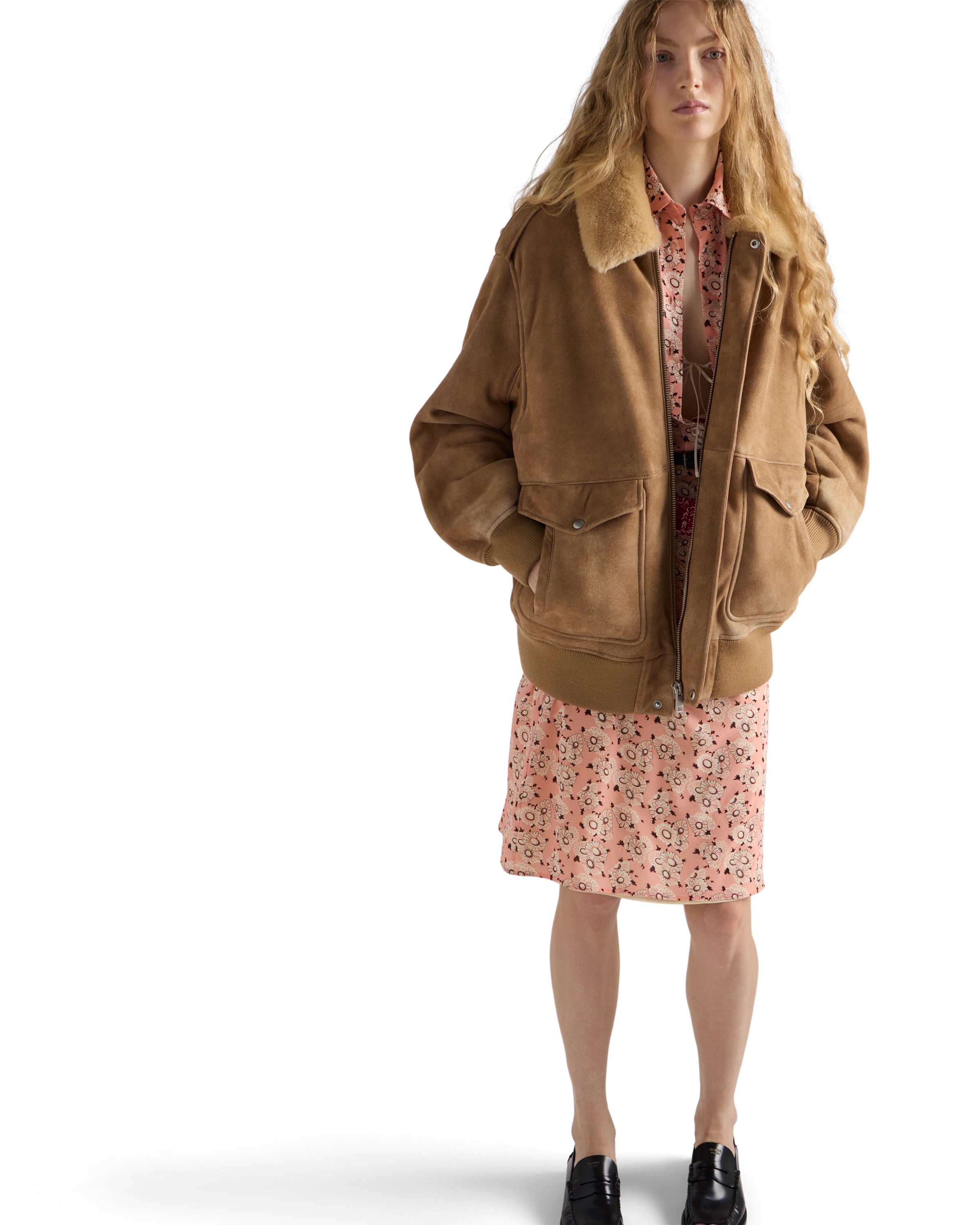Prada Shearling Bomber Jacket In Neutral