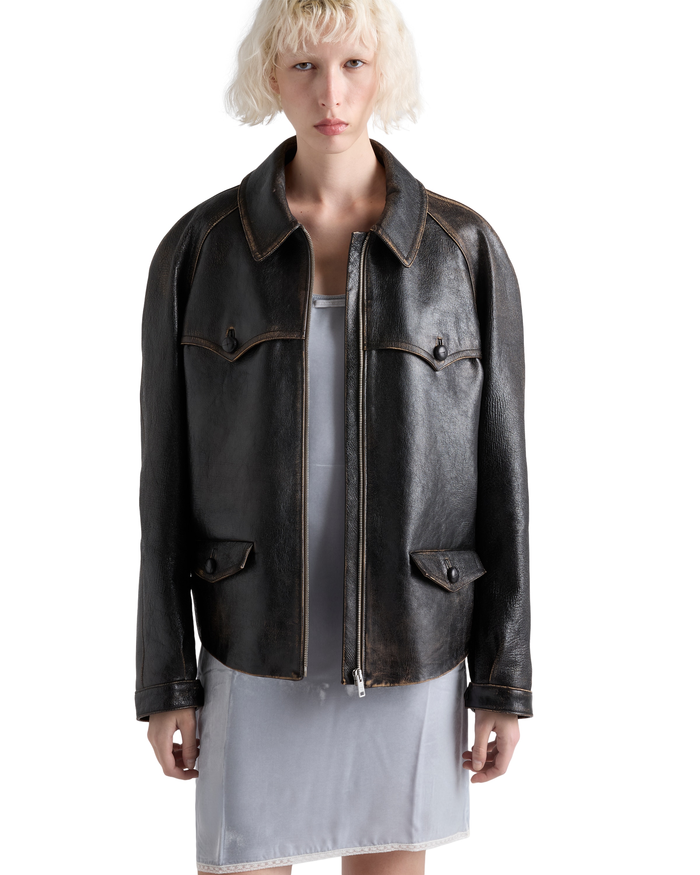 Prada Womens Black Collared Flap-pocket Leather Jacket In Black