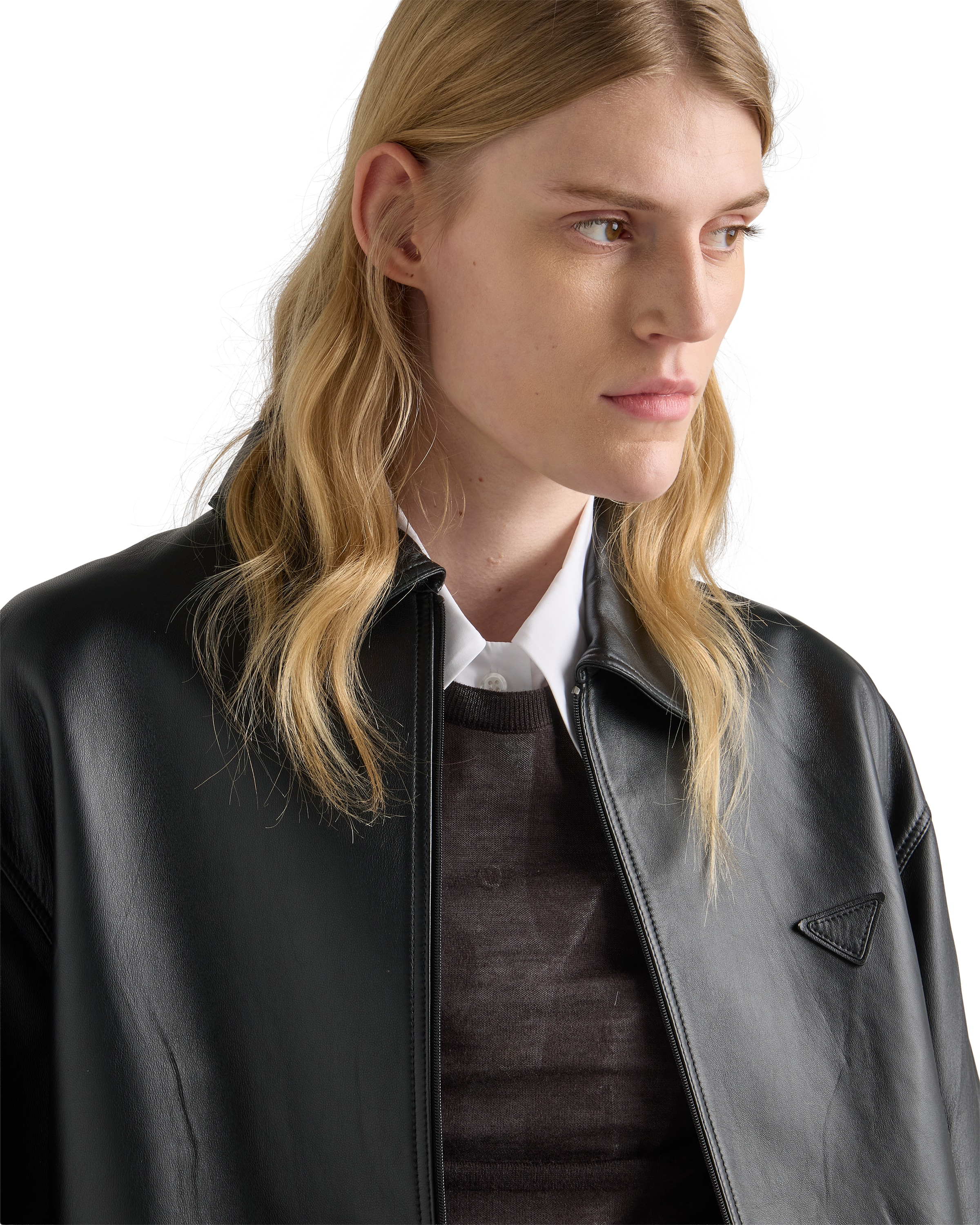Prada Long-sleeved Leather Jacket In Black