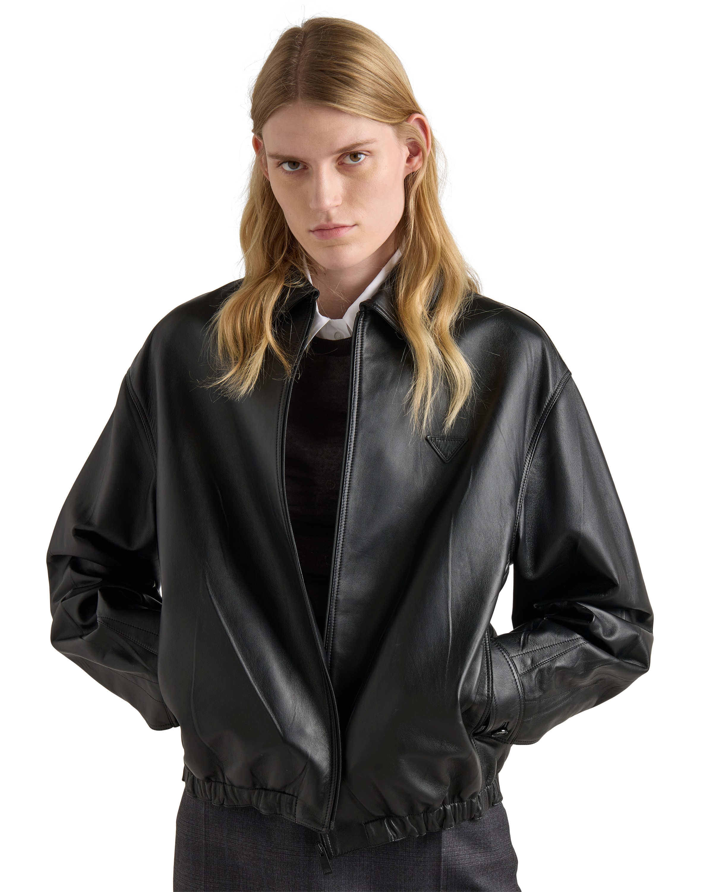 Prada Long-sleeved Leather Jacket In Black
