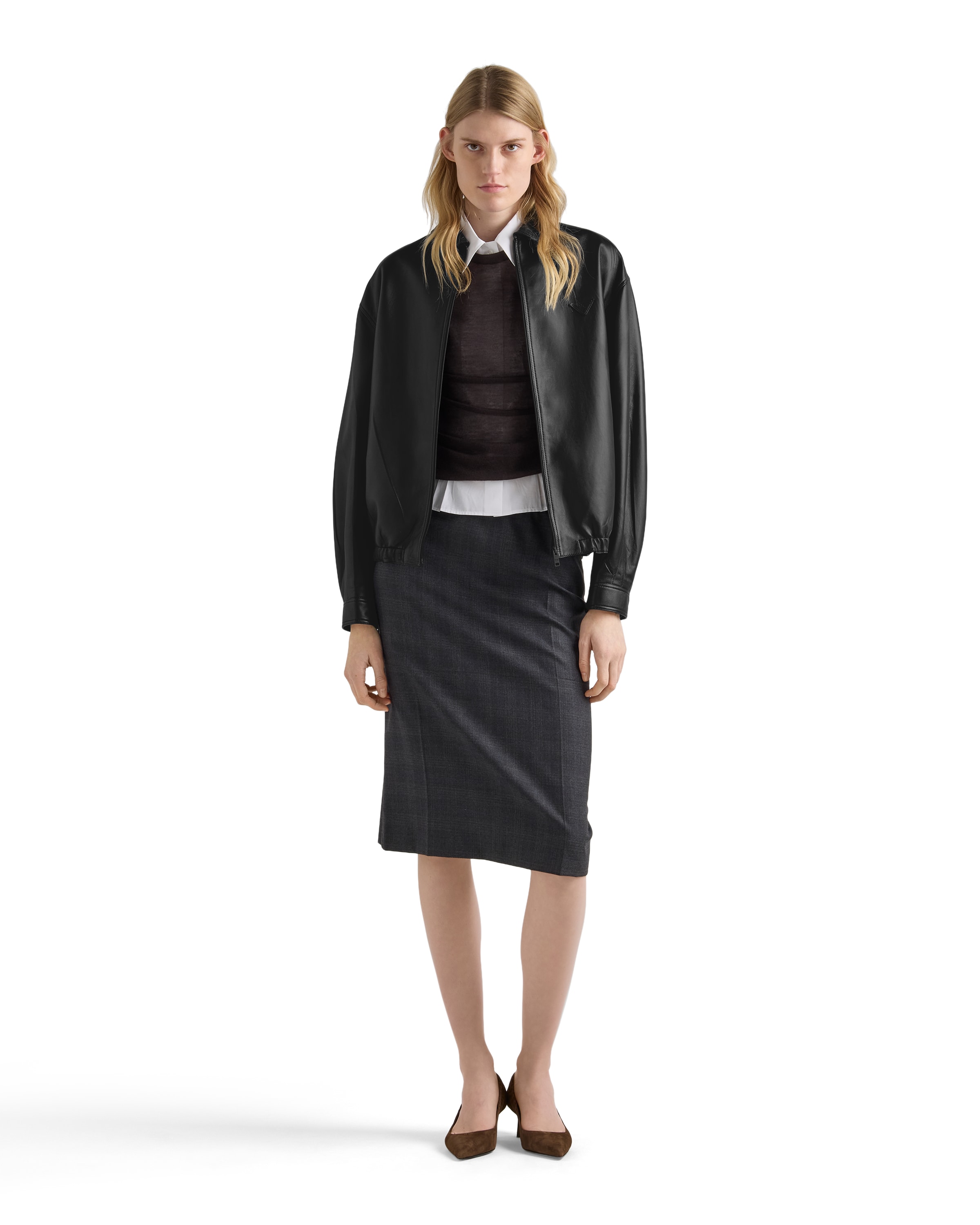 Prada Long-sleeved Leather Jacket In Black