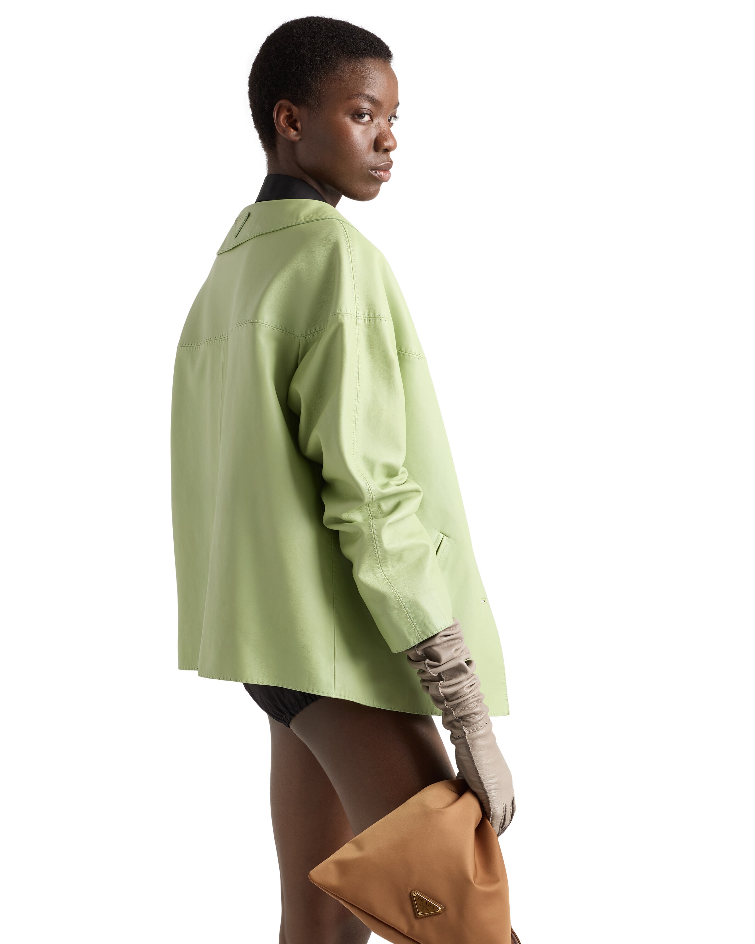 Prada Nappa Jacket Long Sleeves Notched Collar In Green