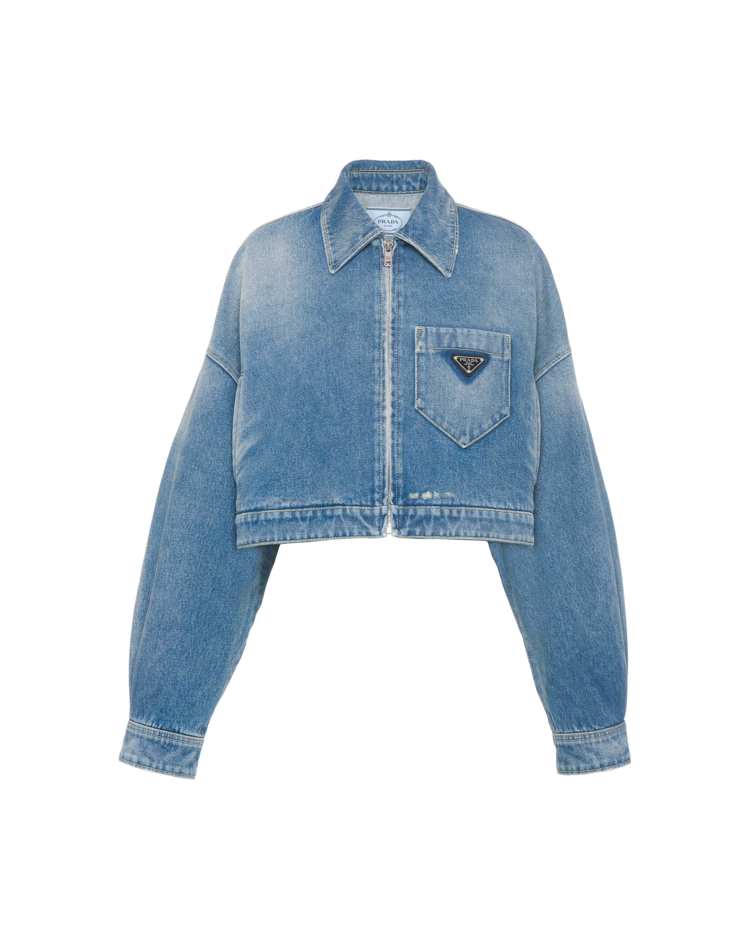 Shop Prada Cropped Organic Denim Jacket In Navy