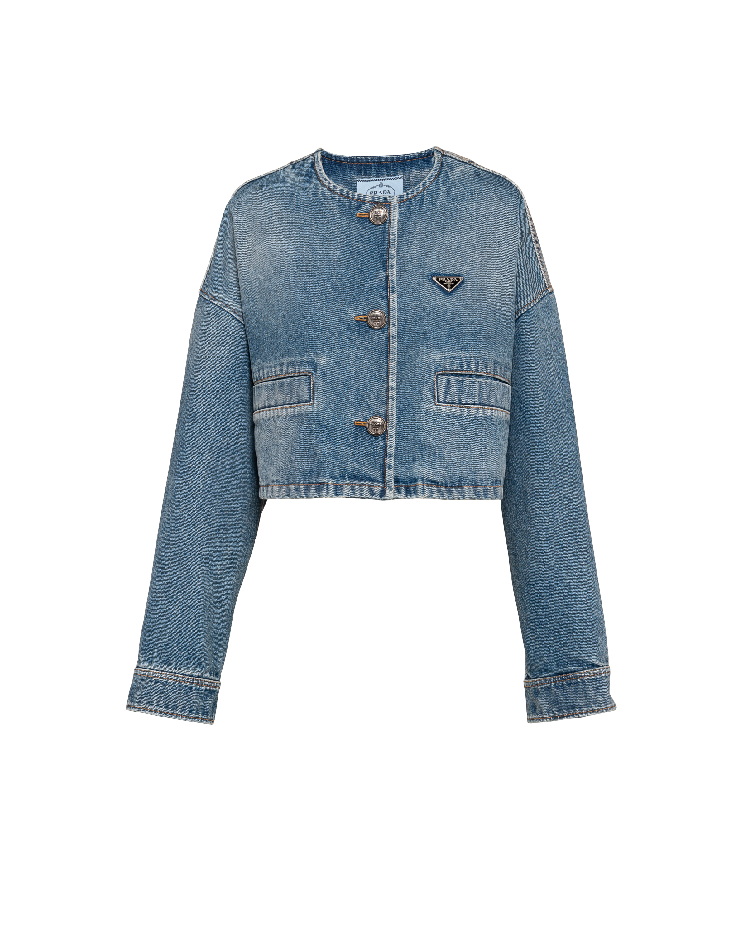 Shop Prada Denim Blouson Jacket In Sky Blue