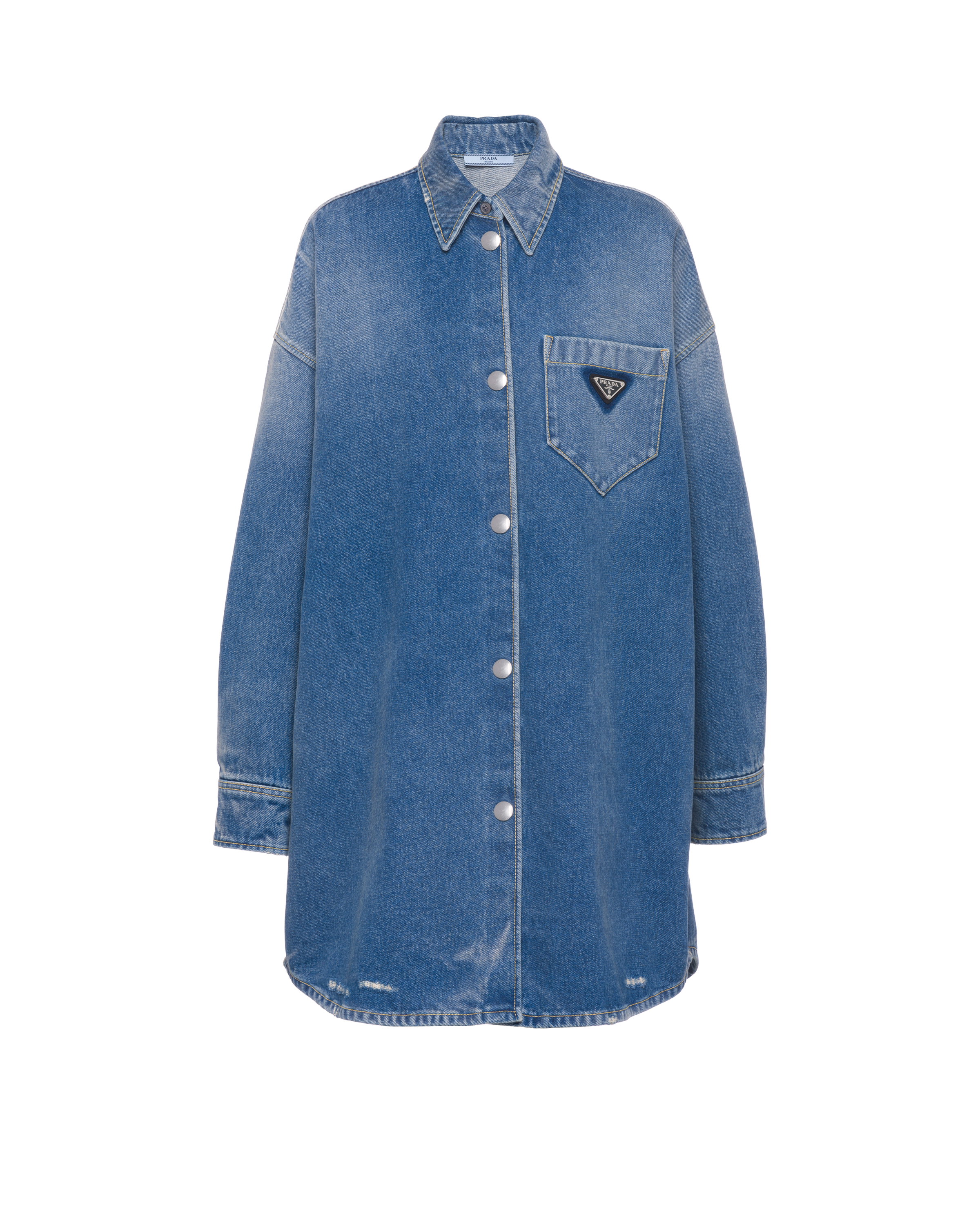 Prada Blue Logo Plaque Washed Denim Shirt In Navy