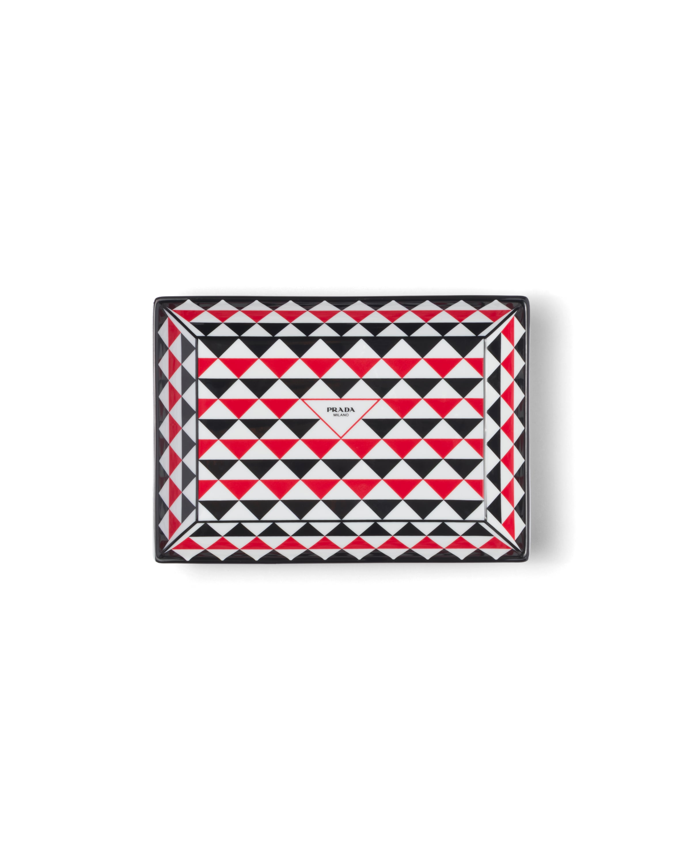 Prada Large Rectangular Porcelain Catchall Tray - Triangles In Black/red/white
