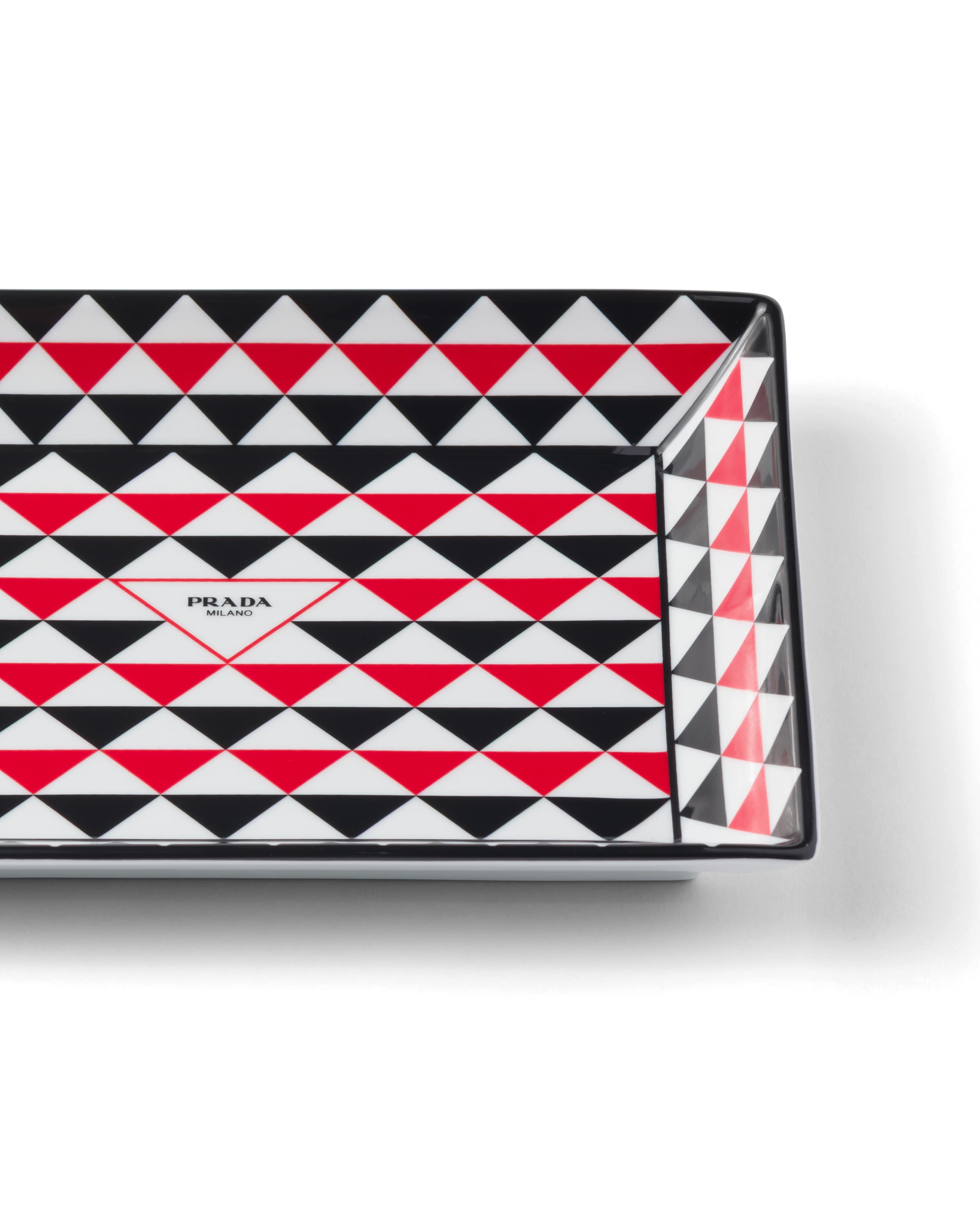 Prada Large Rectangular Porcelain Catchall Tray - Triangles In Black/red/white