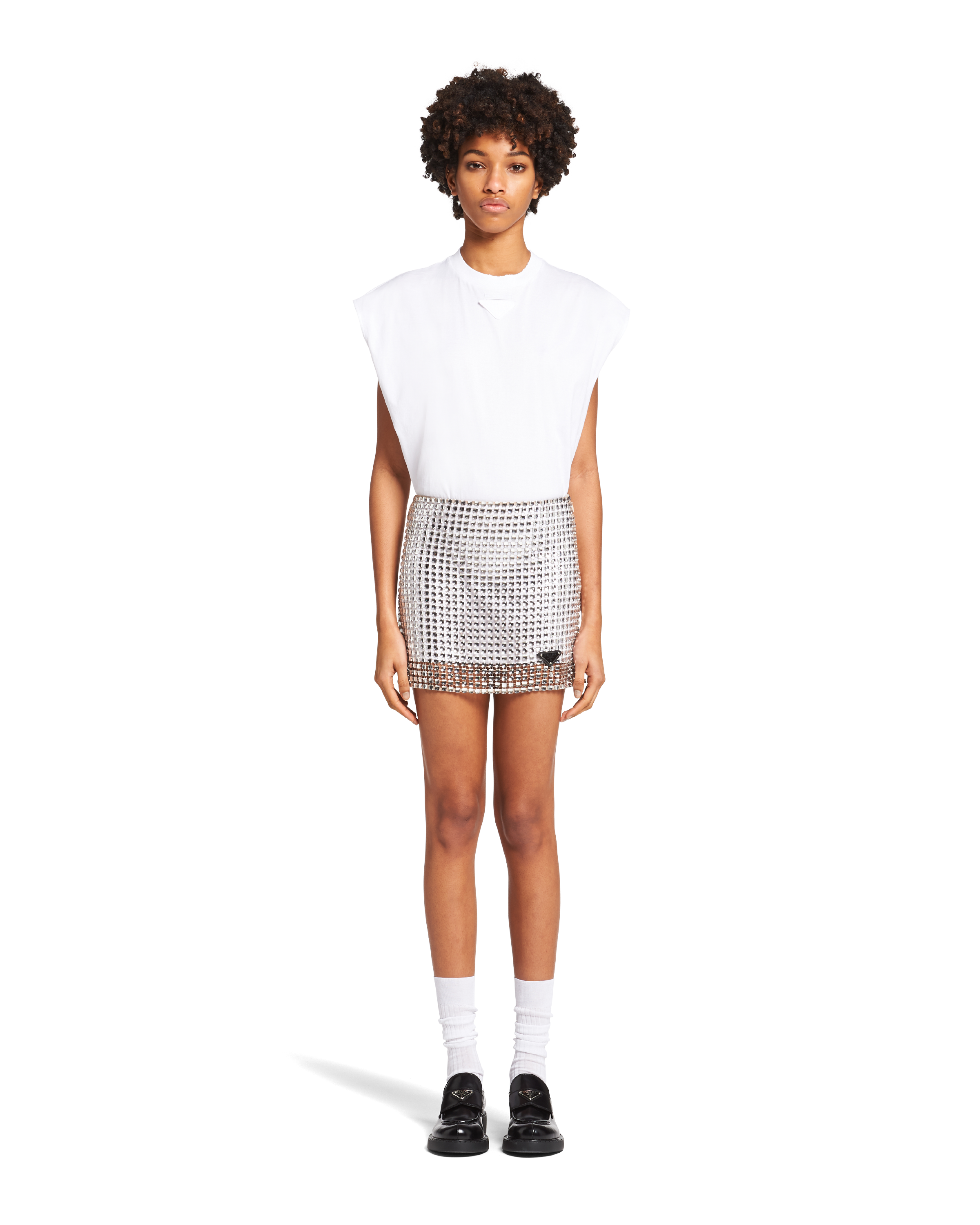 Crystal Rhinestone embroidered mesh miniskirt | Prada