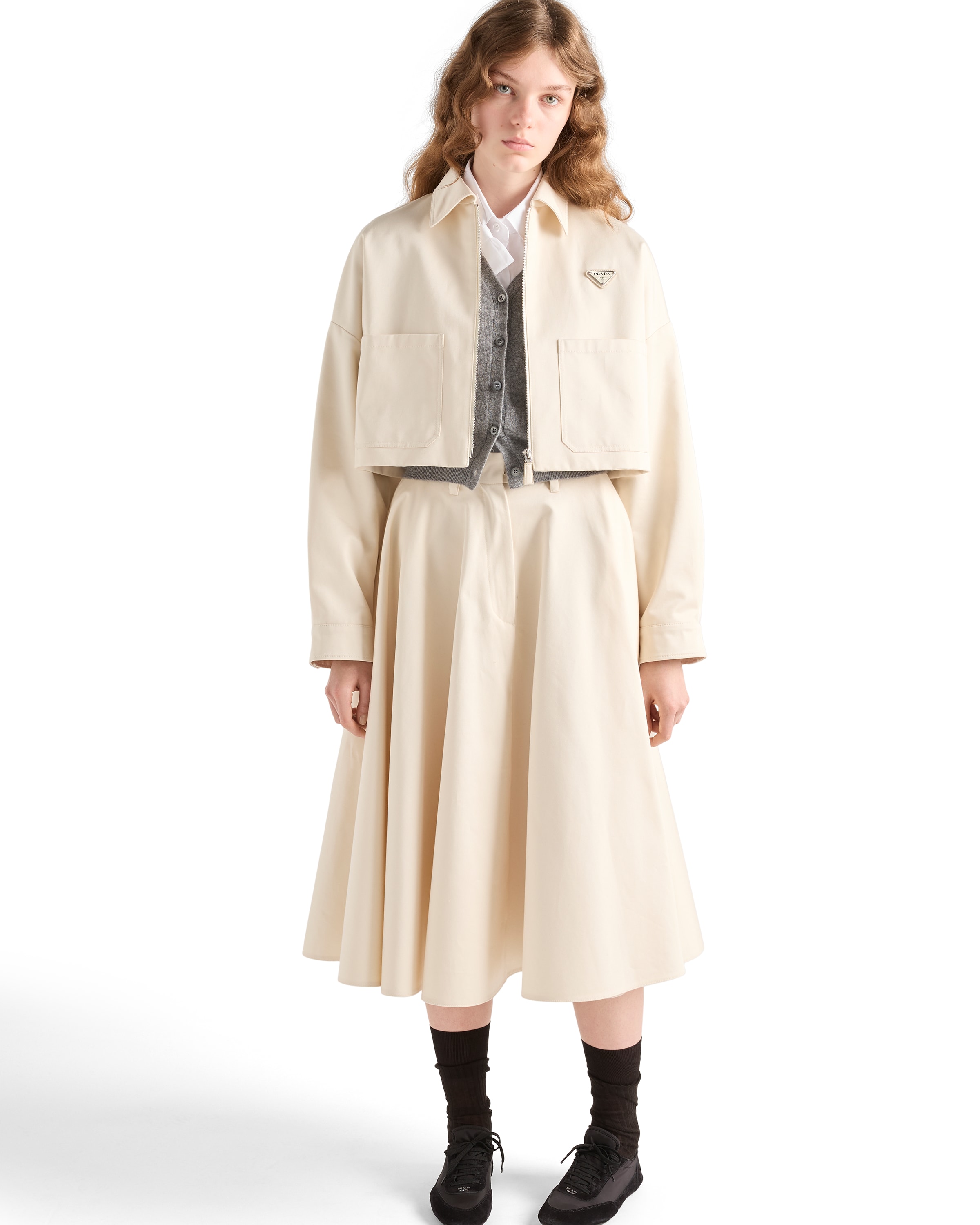 Prada Triangle-logo Flared Midi Skirt In Neutral