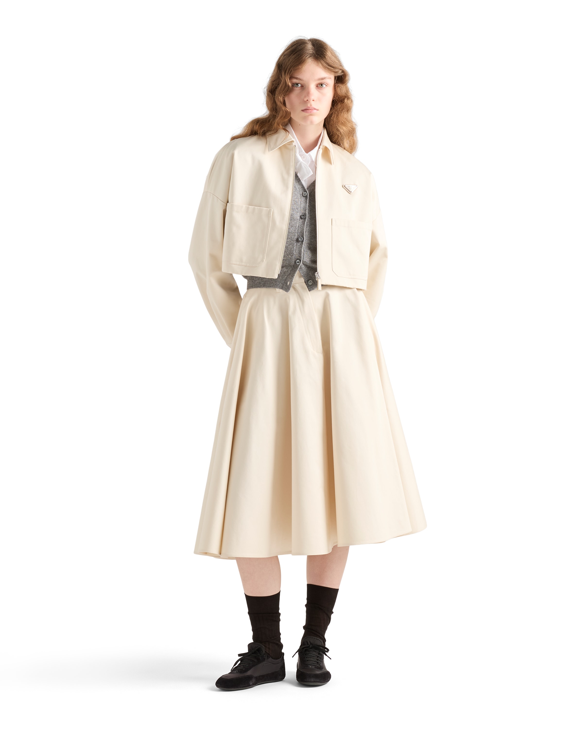 Prada Triangle-logo Flared Midi Skirt In Neutral