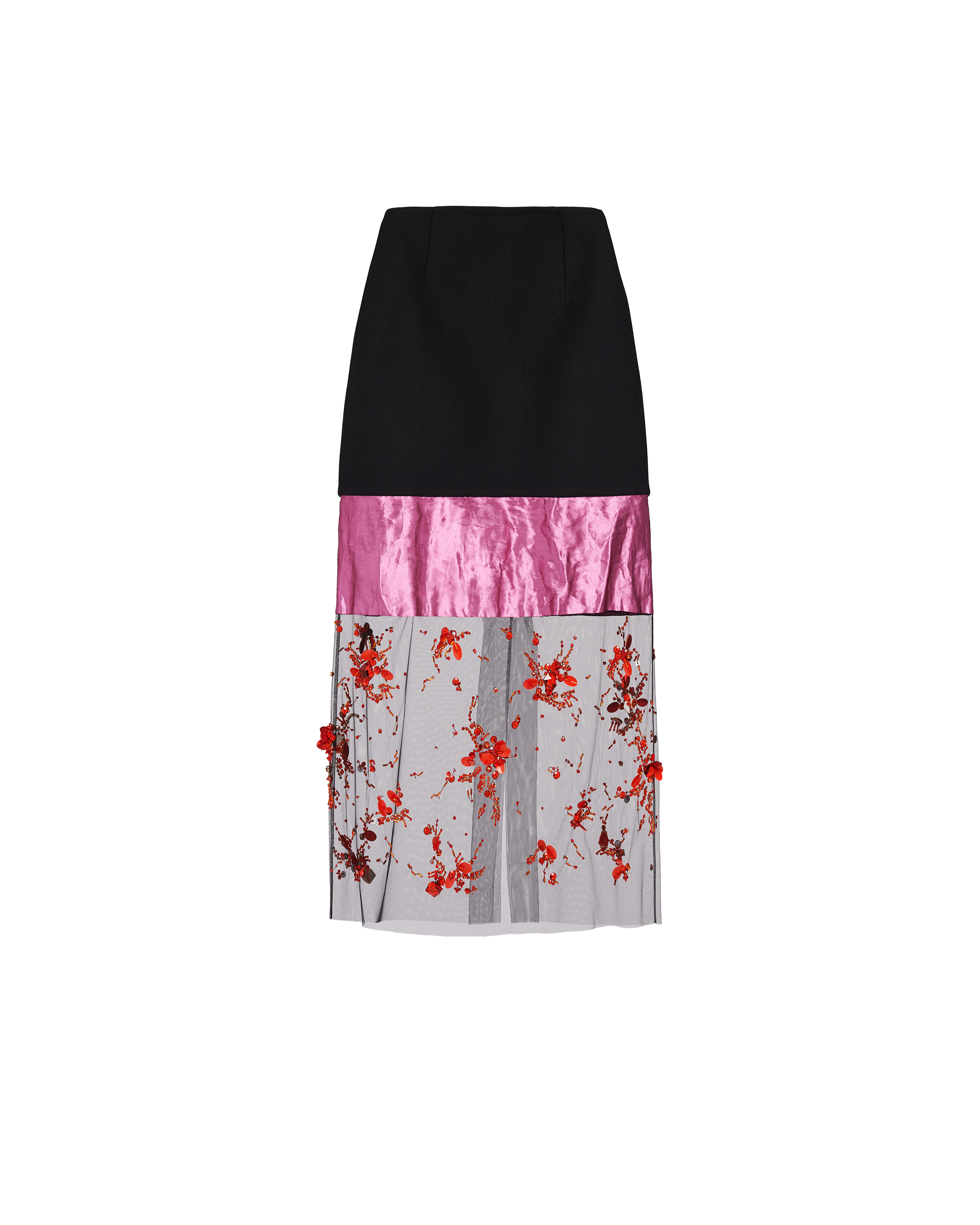 PRADA EMBROIDERED CLOTH AND SATIN MIDI-SKIRT