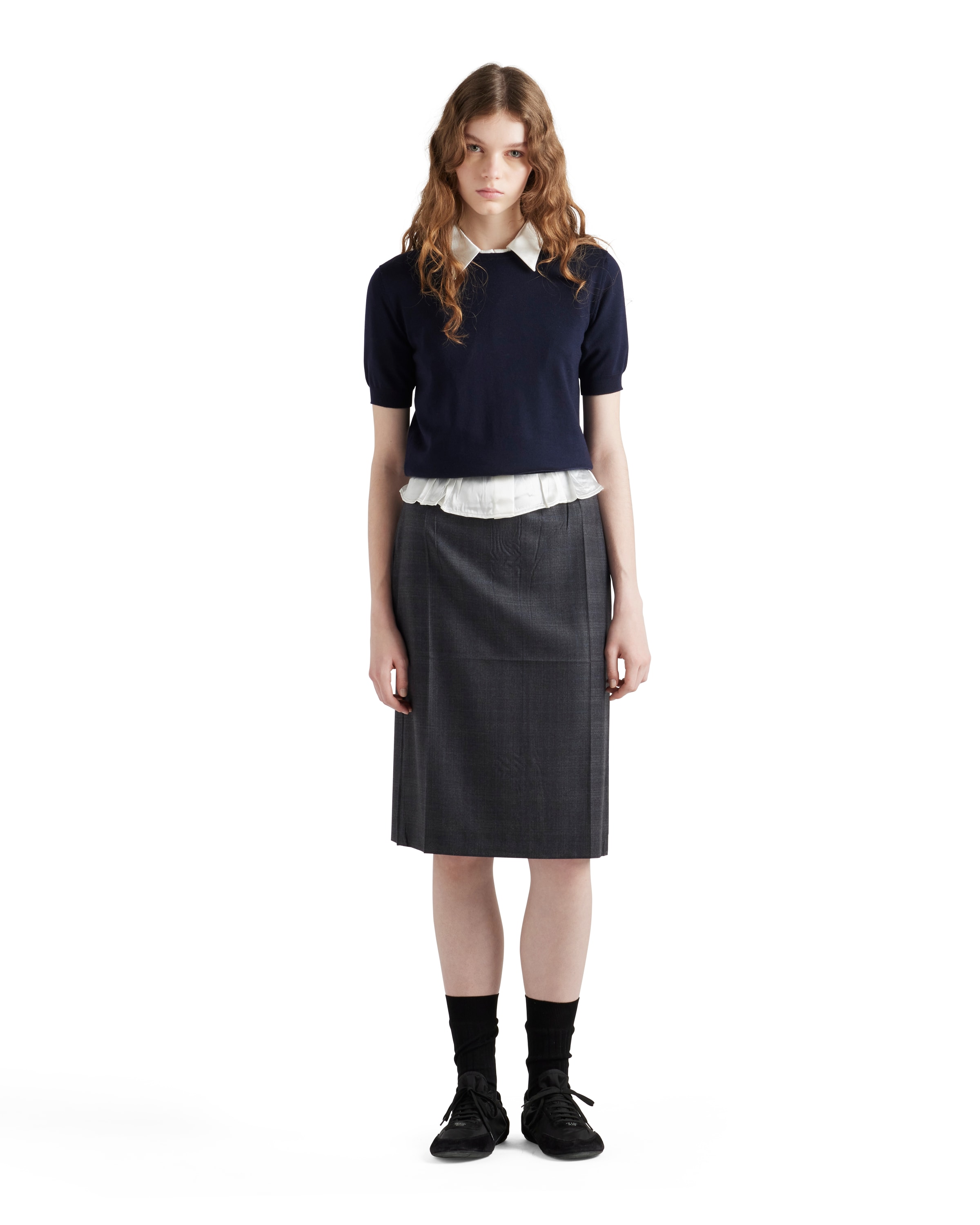 Prada Checked Wool Midi-skirt In Anthracite Gray