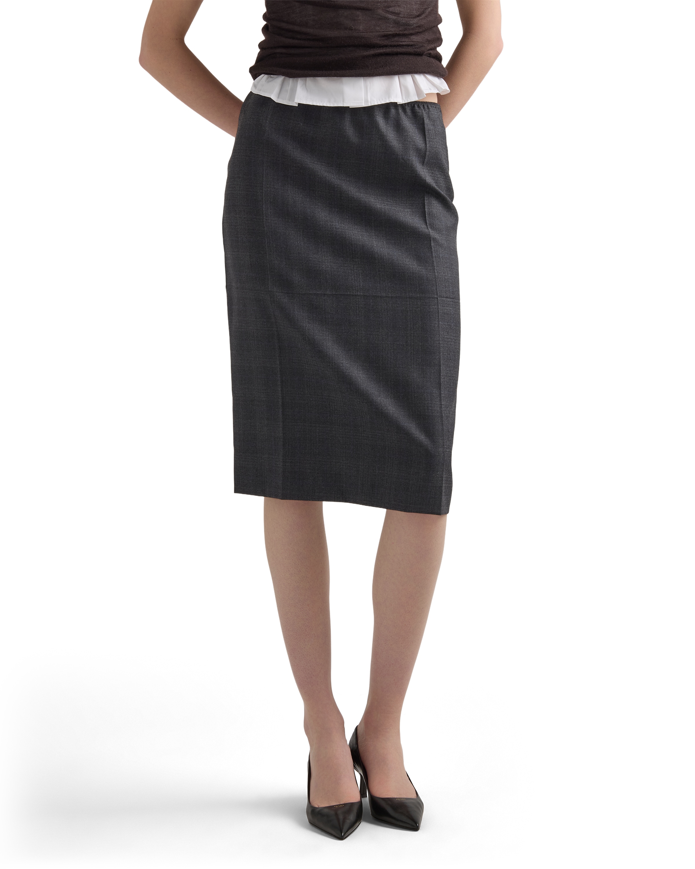 Prada Checked Wool Midi-skirt In Gray