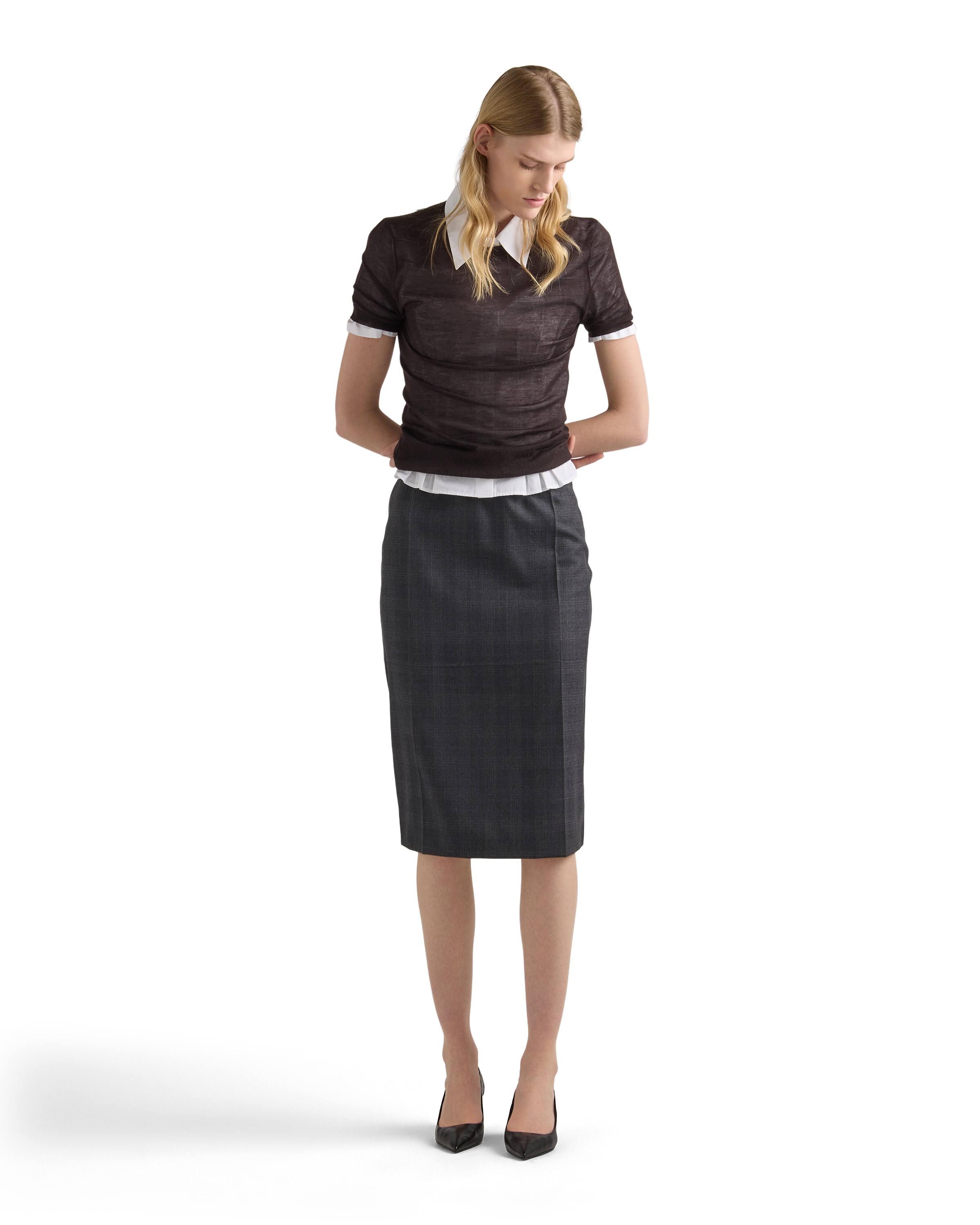 Prada Checked Wool Midi-skirt In Gray