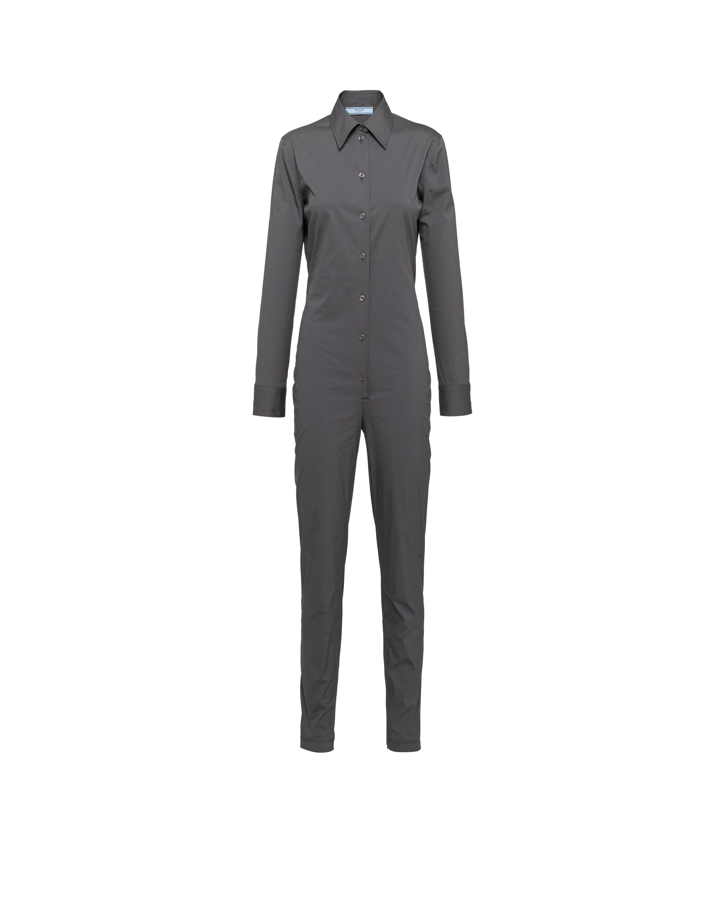 Prada Collared Long-sleeve Skinny-leg Jumpsuit In Lead Gray