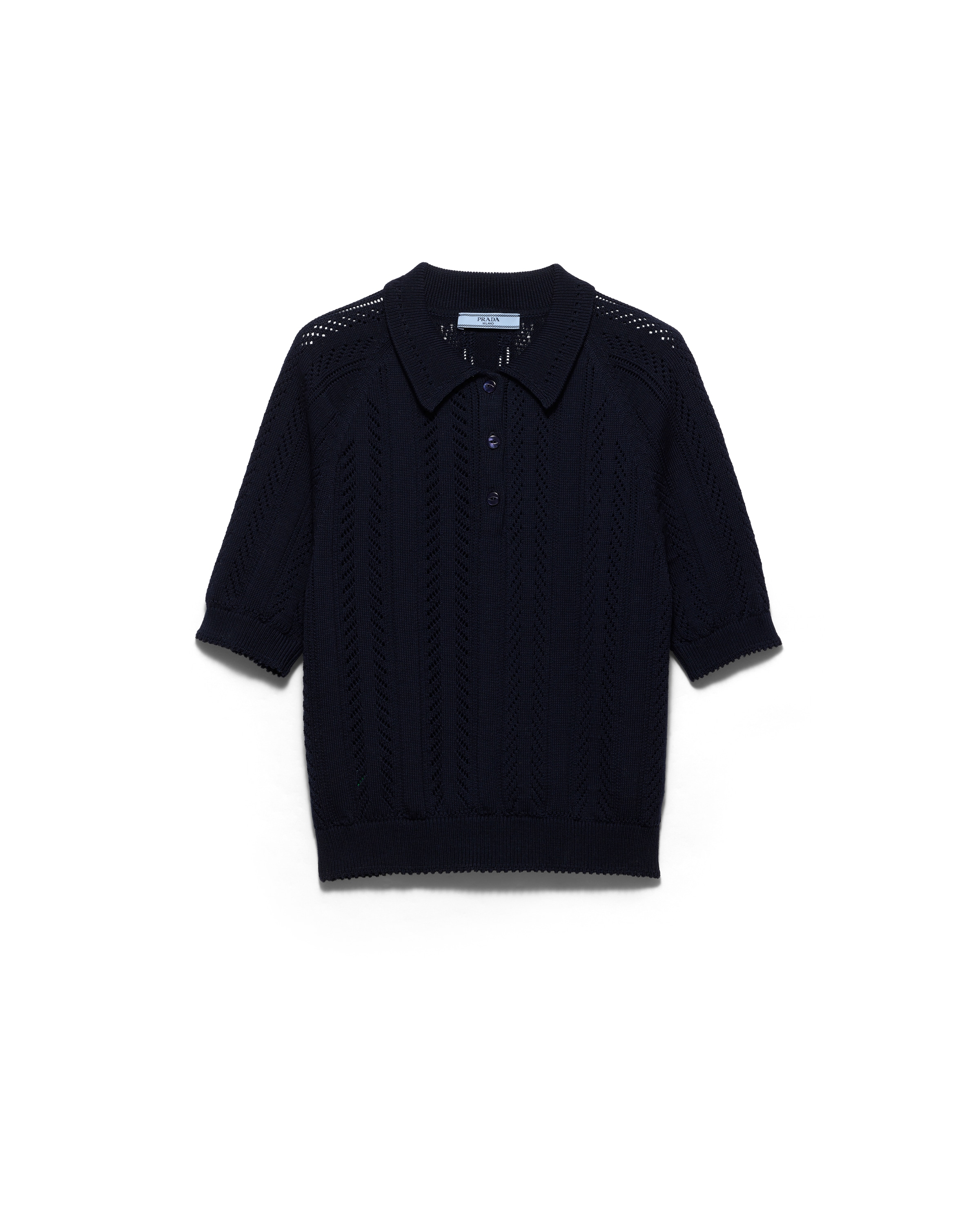 Prada Short-sleeved Openwork Cotton Polo Shirt In Black